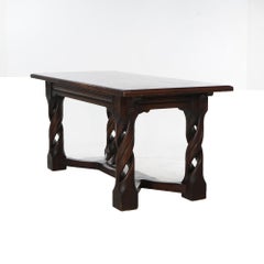 Antique Jacobean Style Oak Wine Tasting Table with Scroll Reticulated Legs C1930