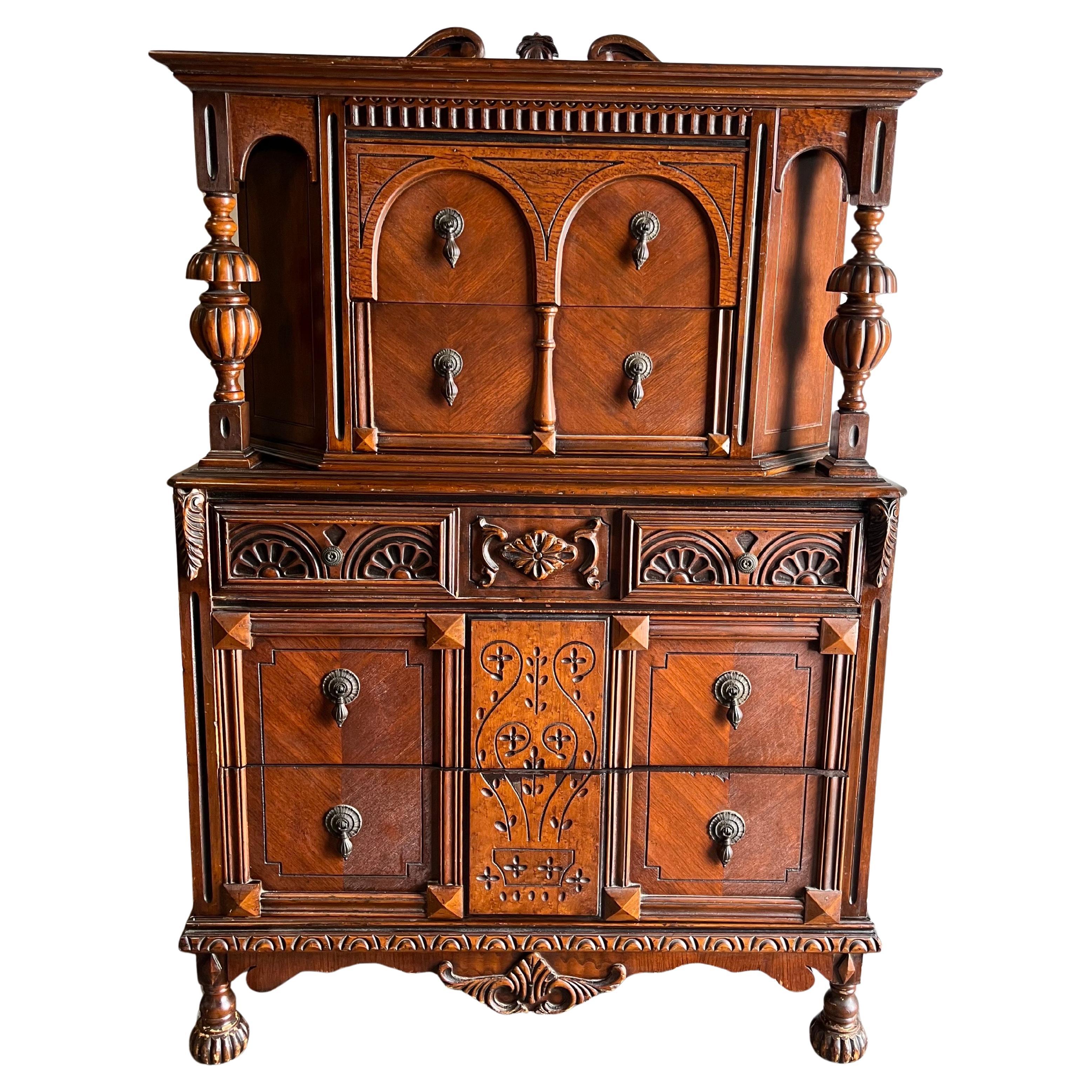 Antique Jacobean Tiger Oak Hutch