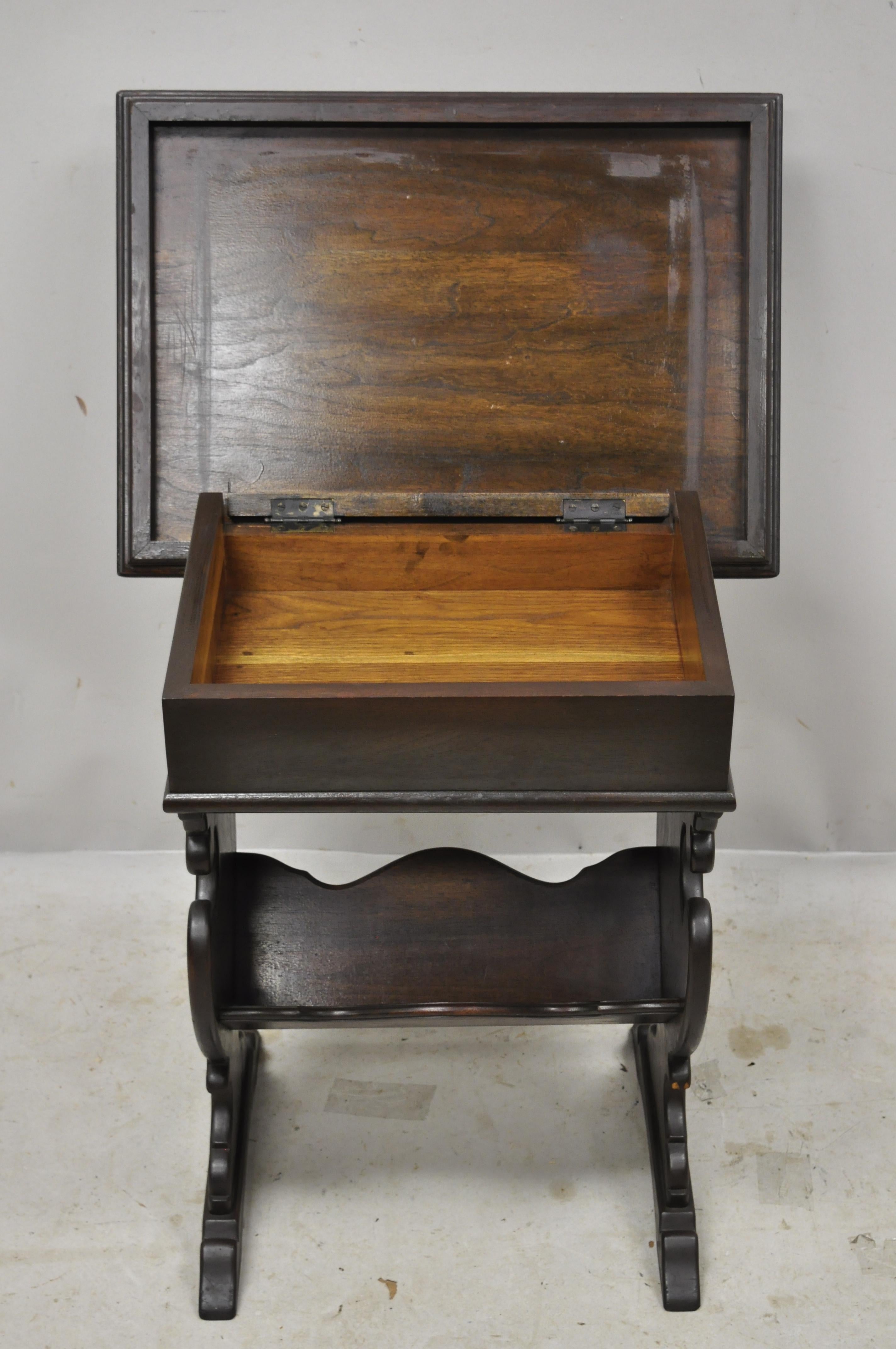 Walnut Antique Jacobean Trestle Style Flip Storage Top Work Stand Side End Table