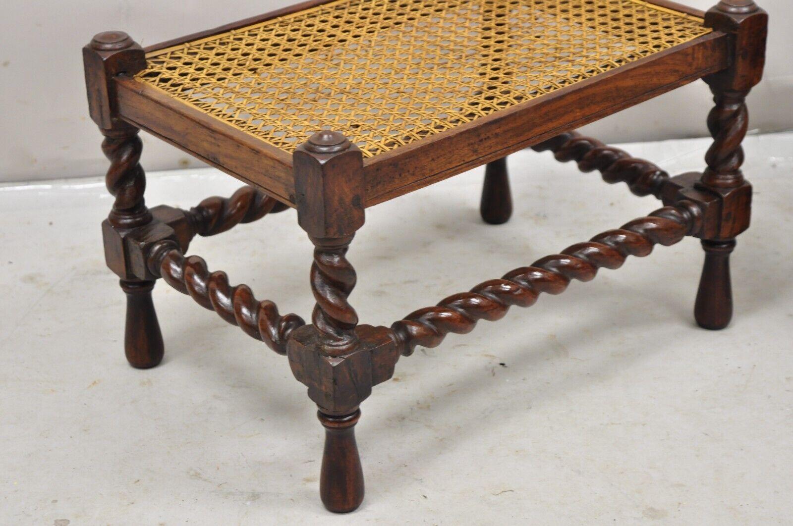 Antique Jacobean Turn Carved Walnut Handmade Cane Seat Footstool Ottoman - Pair In Good Condition For Sale In Philadelphia, PA