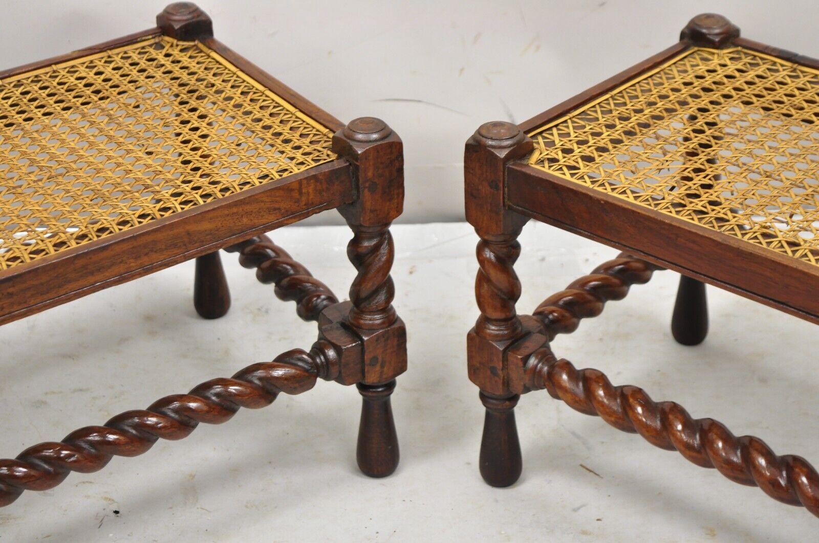 19th Century Antique Jacobean Turn Carved Walnut Handmade Cane Seat Footstool Ottoman - Pair For Sale