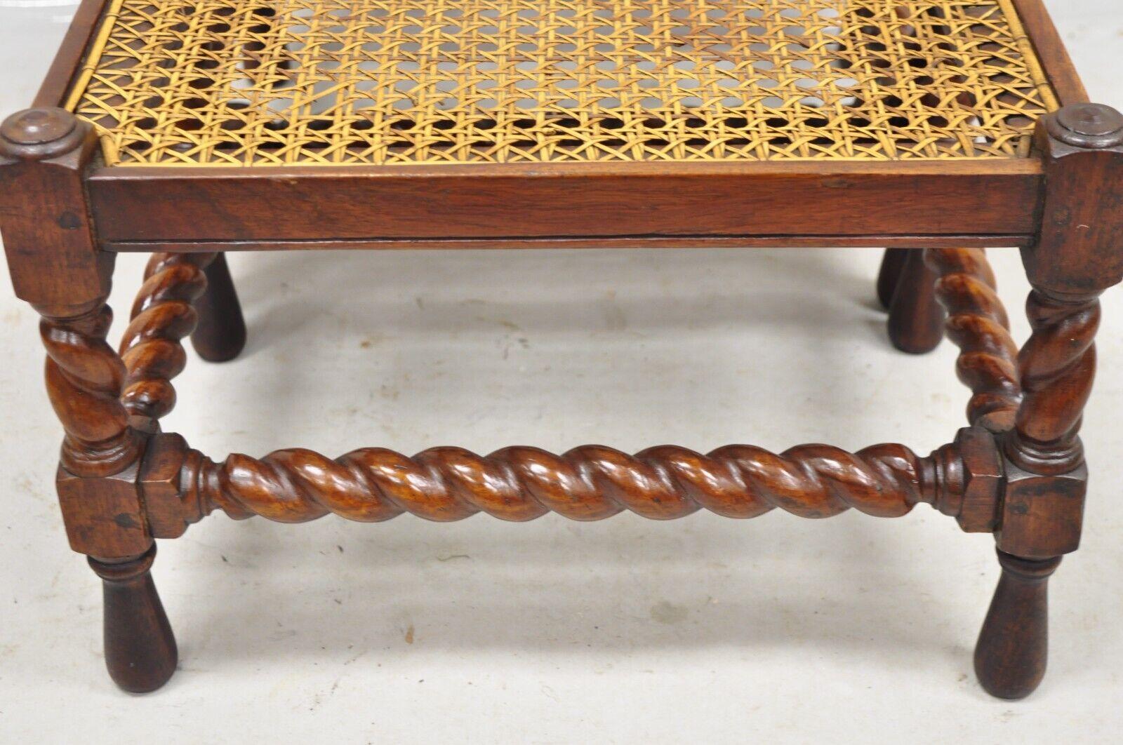 Antique Jacobean Turn Carved Walnut Handmade Cane Seat Footstool Ottoman - Pair 3