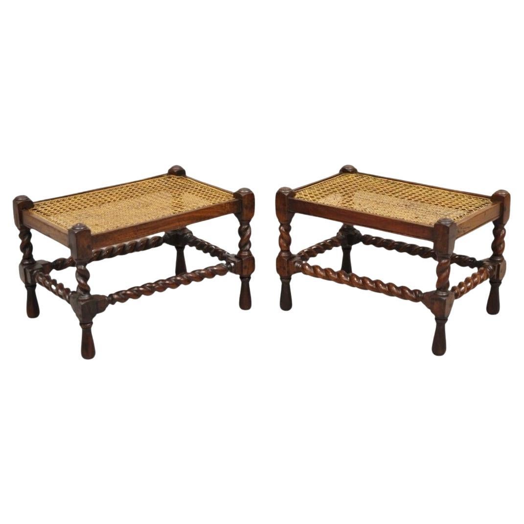 Antique Jacobean Turn Carved Walnut Handmade Cane Seat Footstool Ottoman - Pair For Sale