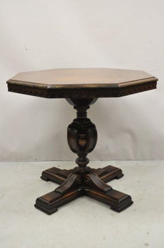 Antique Jacobean Walnut Banded Inlay Sunburst Top Octagonal Center Table