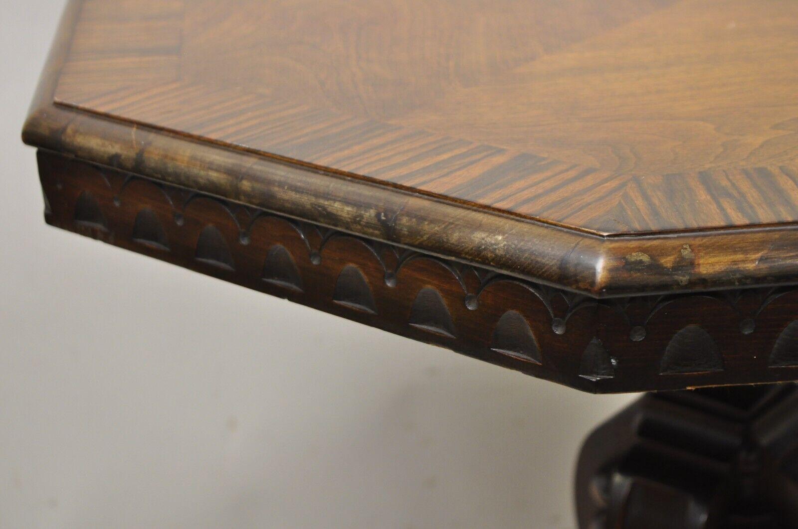 Antique Jacobean Walnut Banded Inlay Sunburst Top Octagonal Center Table 1