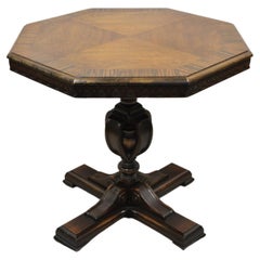 Antique Jacobean Walnut Banded Inlay Sunburst Top Octagonal Center Table