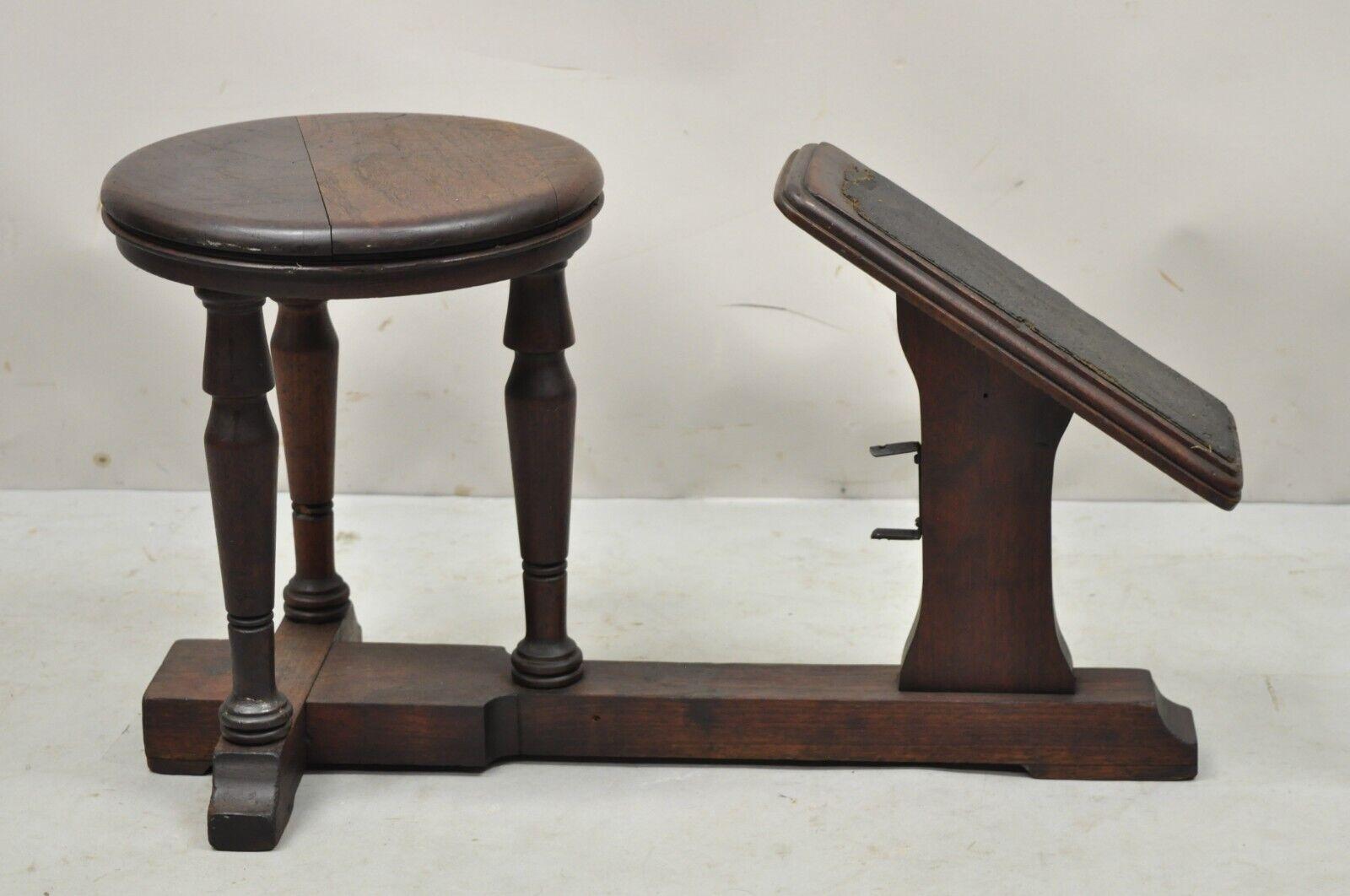 Antique Jacobean Walnut Salesman sizing fitting stool bench foot rest. round walnut seat, angled footrest, solid wood construction, beautiful wood grain, very nice antique item, great style and form. Circa early 1900s. Measurements: 14
