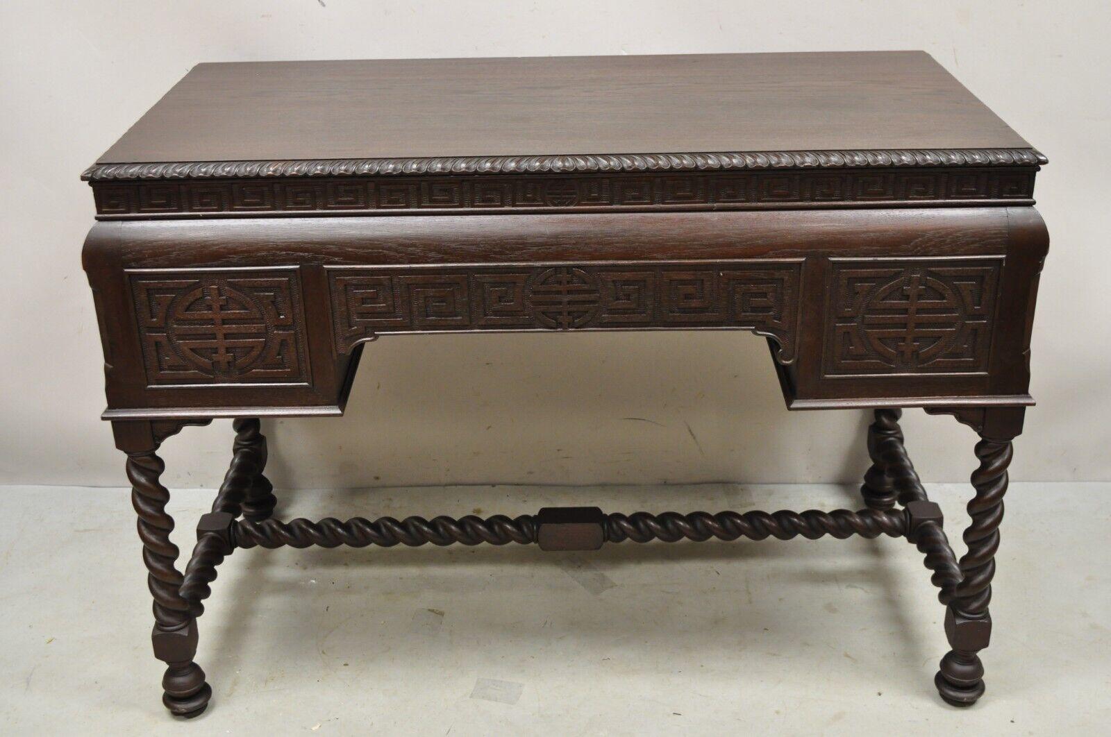 Antique Jacobean William and Mary Greek Key Carved Mahogany 3 Drawer Desk For Sale 5