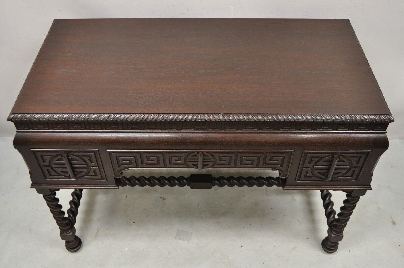 Antique Jacobean William and Mary Greek Key Carved Mahogany 3 Drawer Desk For Sale 7