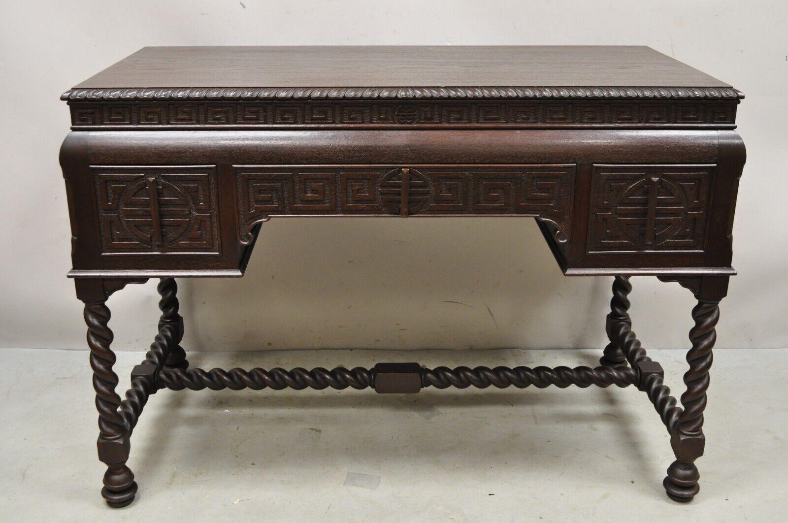 Antique Jacobean William and Mary Green Key Carved Mahogany 3 Drawer Desk. Item features carved 
