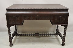 Antique Jacobean William and Mary Greek Key Carved Mahogany 3 Drawer Desk