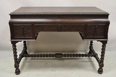 Antique Jacobean William and Mary Greek Key Carved Mahogany 3 Drawer Desk