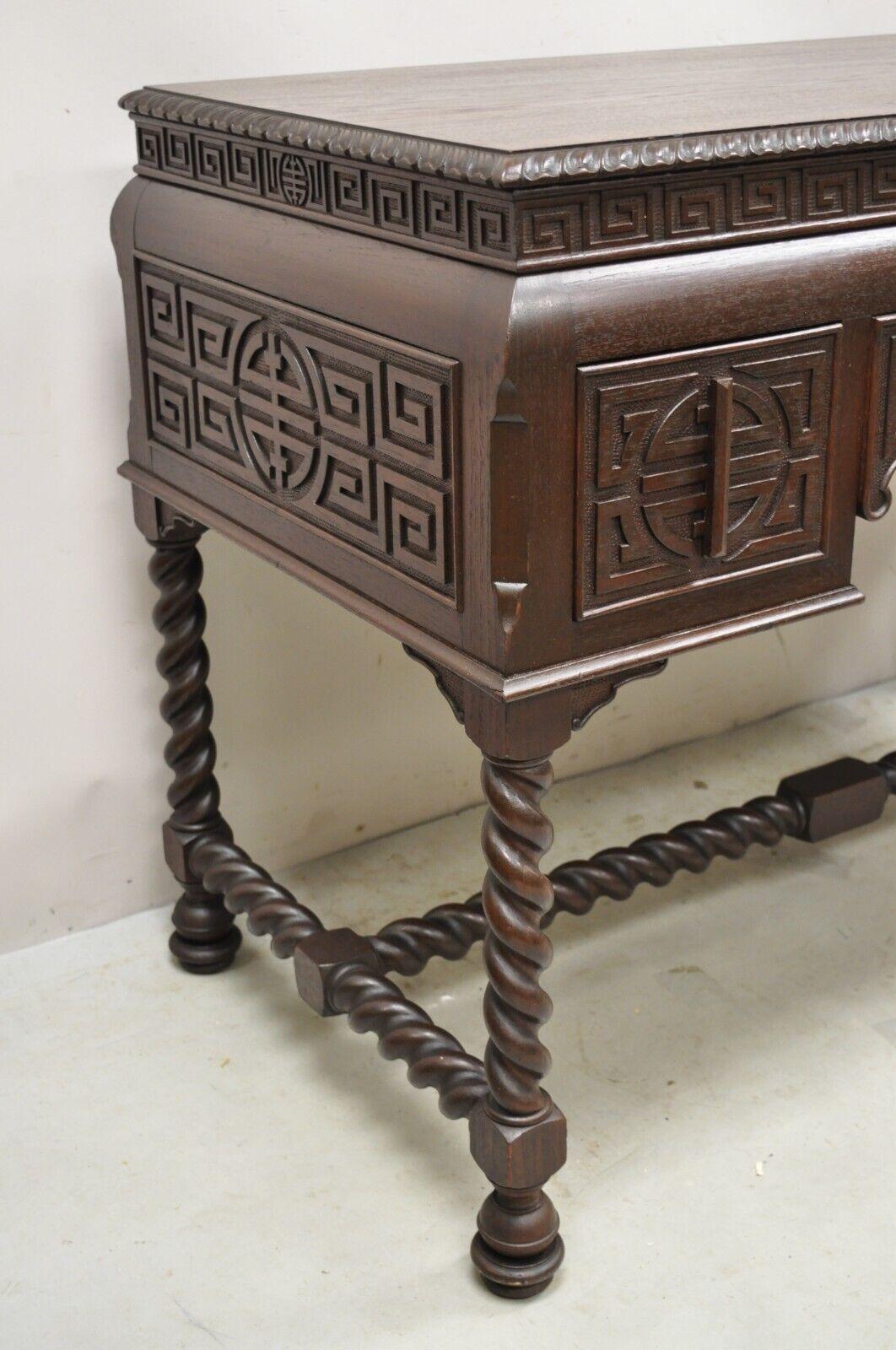 Chinoiserie Antique Jacobean William and Mary Greek Key Carved Mahogany 3 Drawer Desk For Sale