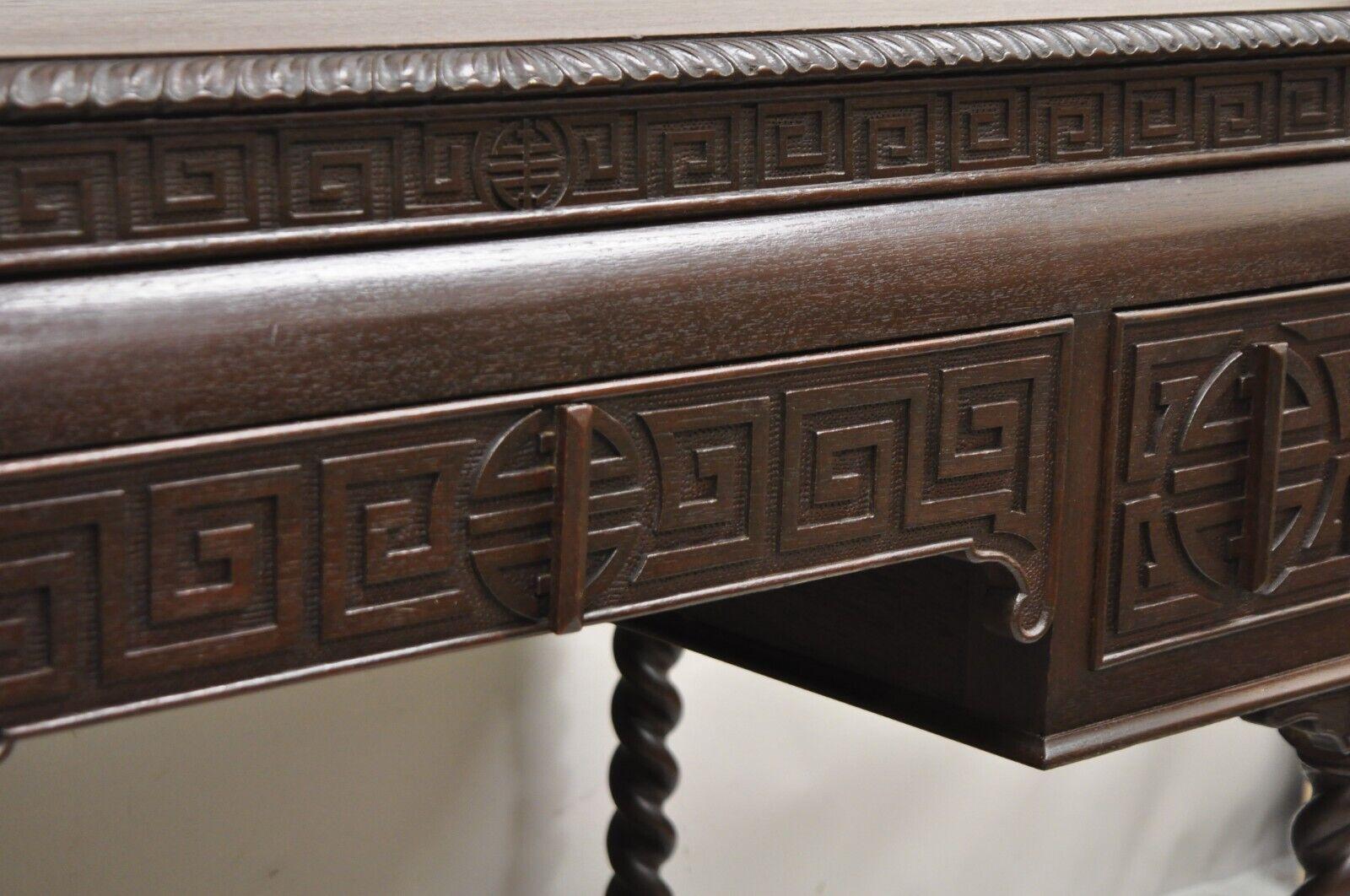 Antique Jacobean William and Mary Greek Key Carved Mahogany 3 Drawer Desk In Good Condition For Sale In Philadelphia, PA