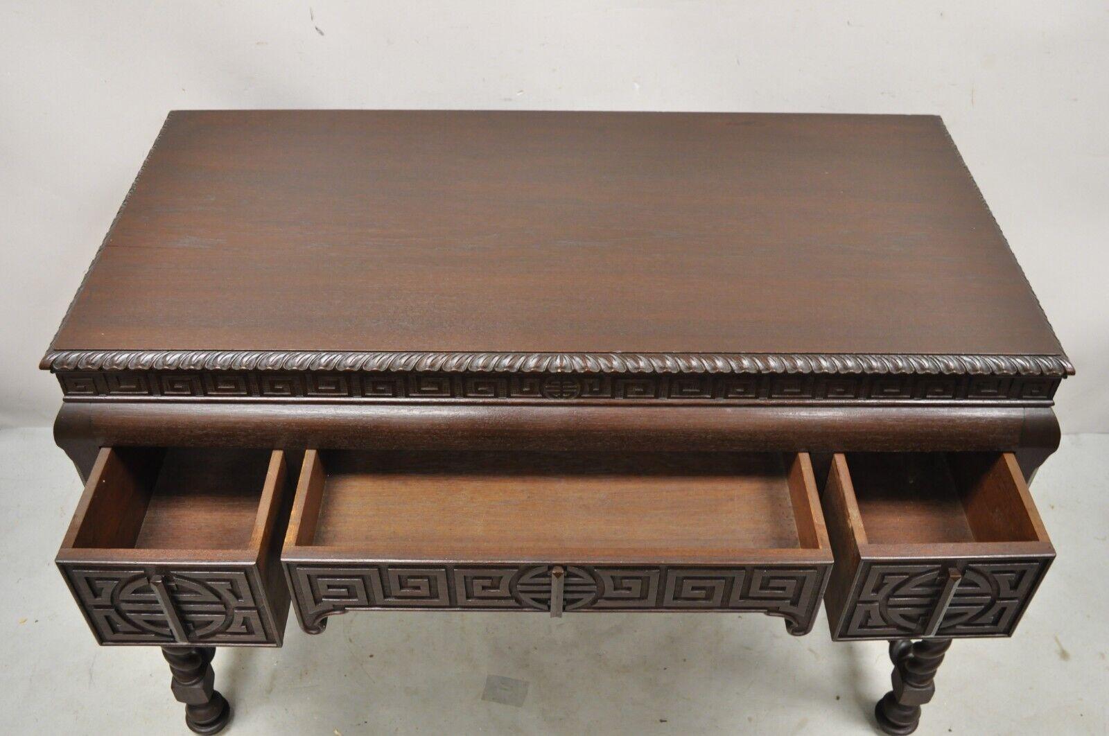 20th Century Antique Jacobean William and Mary Greek Key Carved Mahogany 3 Drawer Desk For Sale