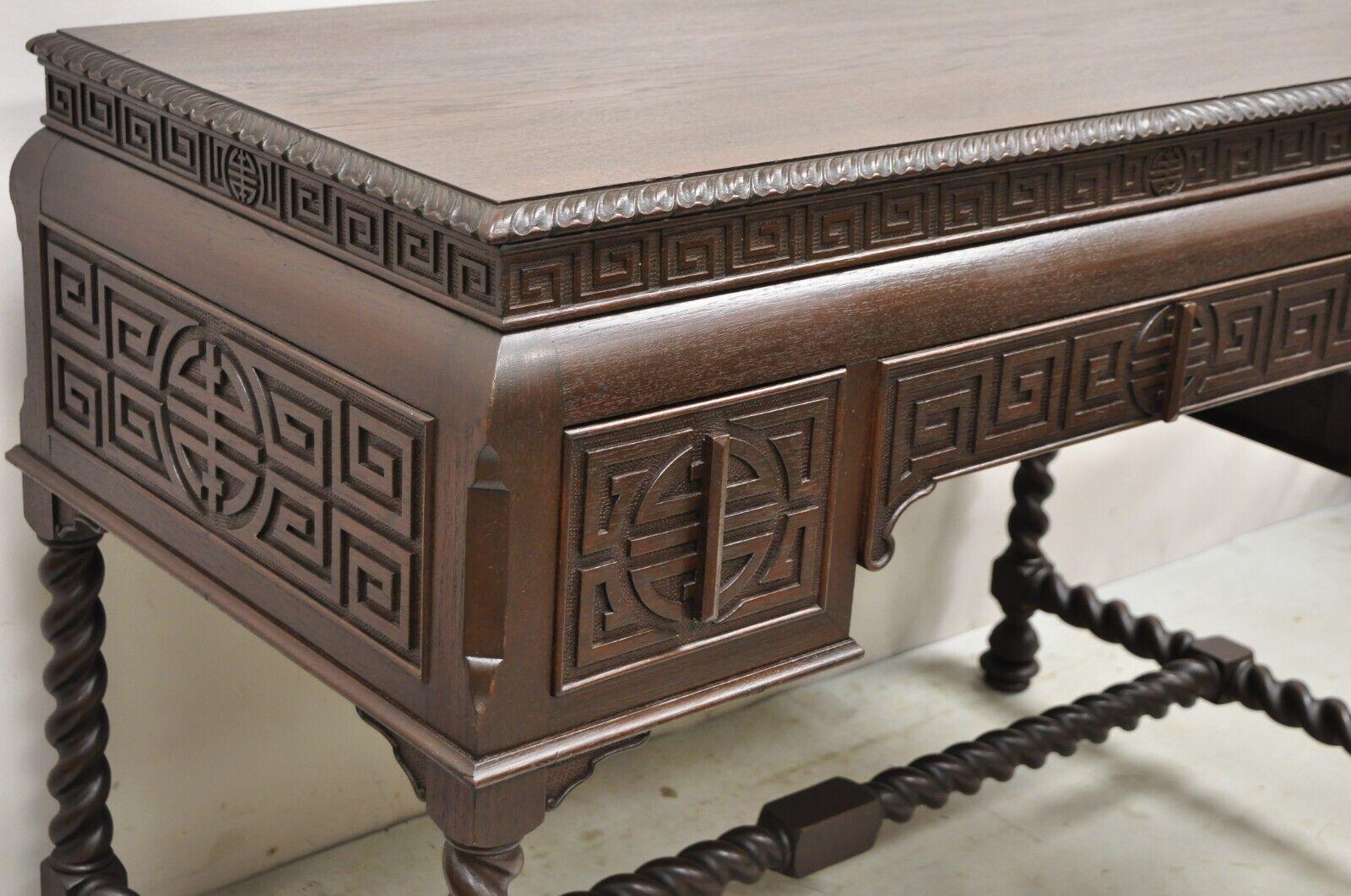 Antique Jacobean William and Mary Greek Key Carved Mahogany 3 Drawer Desk For Sale 4