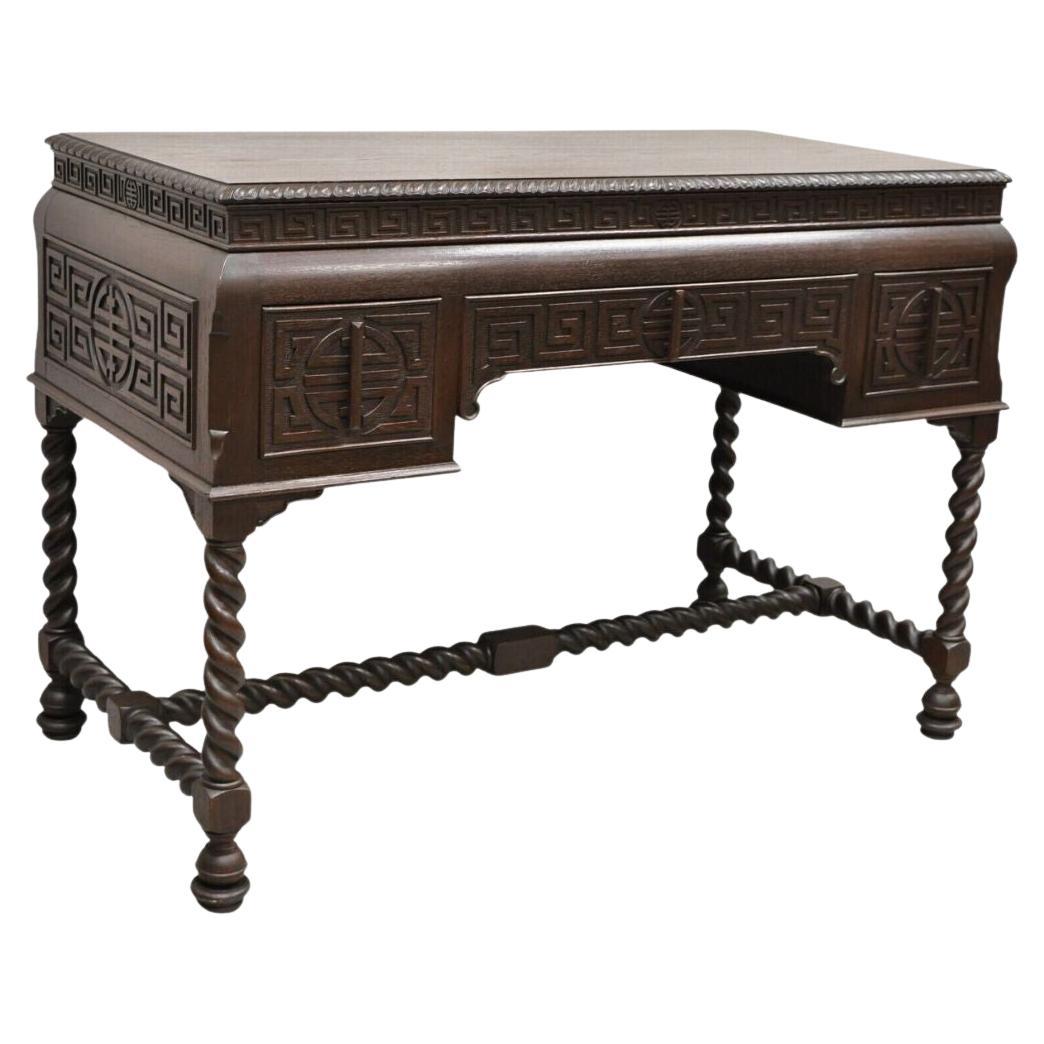 Antique Jacobean William and Mary Greek Key Carved Mahogany 3 Drawer Desk For Sale