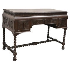 Antique Jacobean William and Mary Greek Key Carved Mahogany 3 Drawer Desk