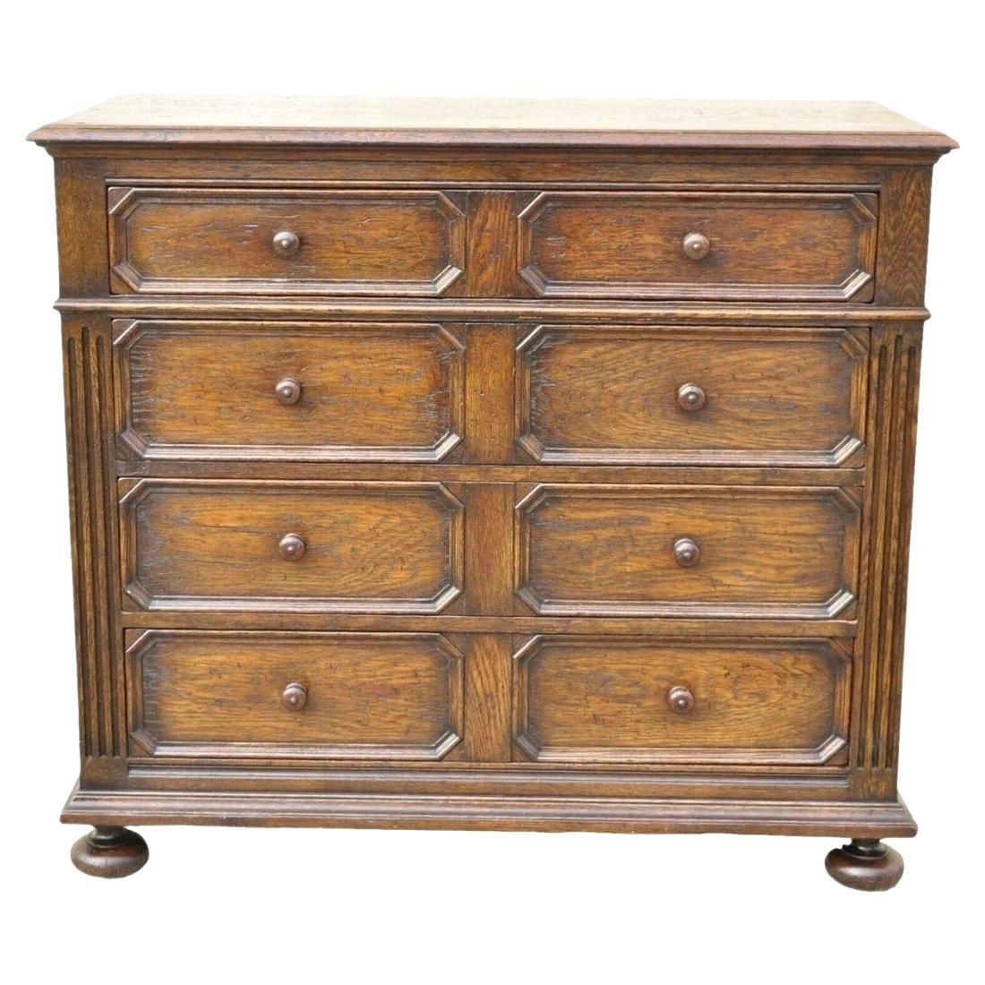 Antique Jacobean William 
Mary Style Oak Wood Chest of Drawers Low Dresser For Sale