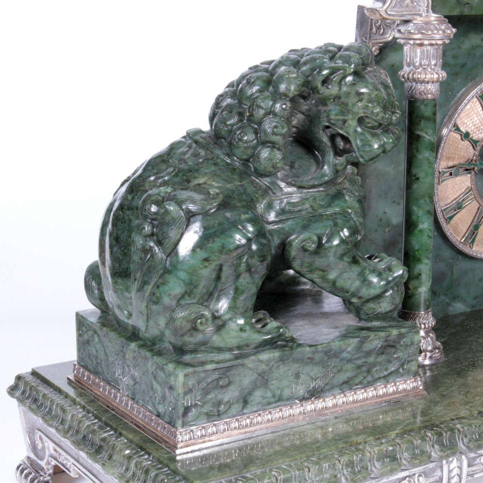 Metal Antique Jade and Silvered Bronze Mantel Clock Retailed by Yamanaka & Co. For Sale