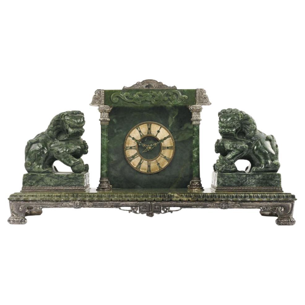 Antique Jade and Silvered Bronze Mantel Clock Retailed by Yamanaka & Co.