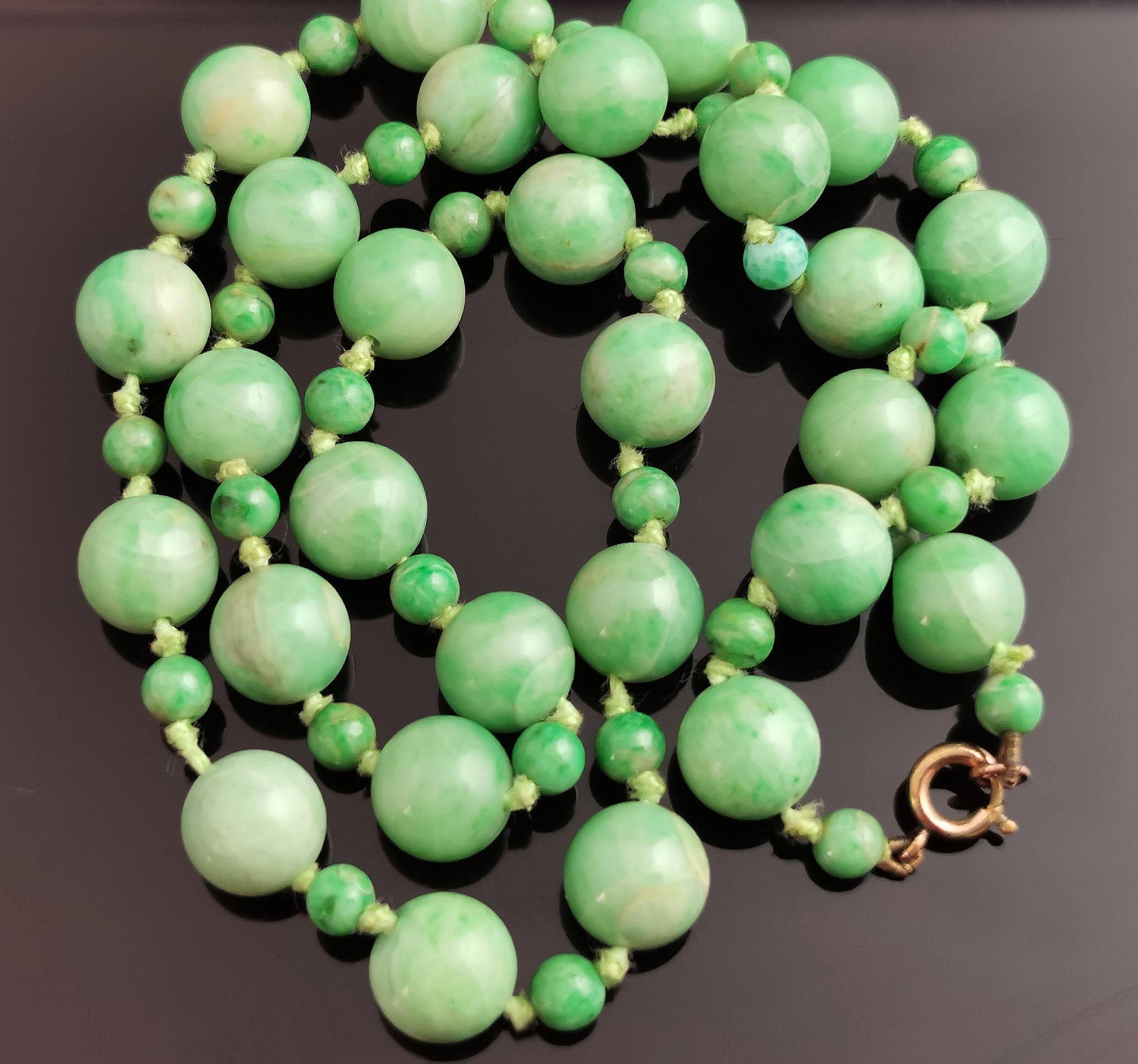 Women's or Men's Antique Jade Bead Necklace, Art Deco, C1910s