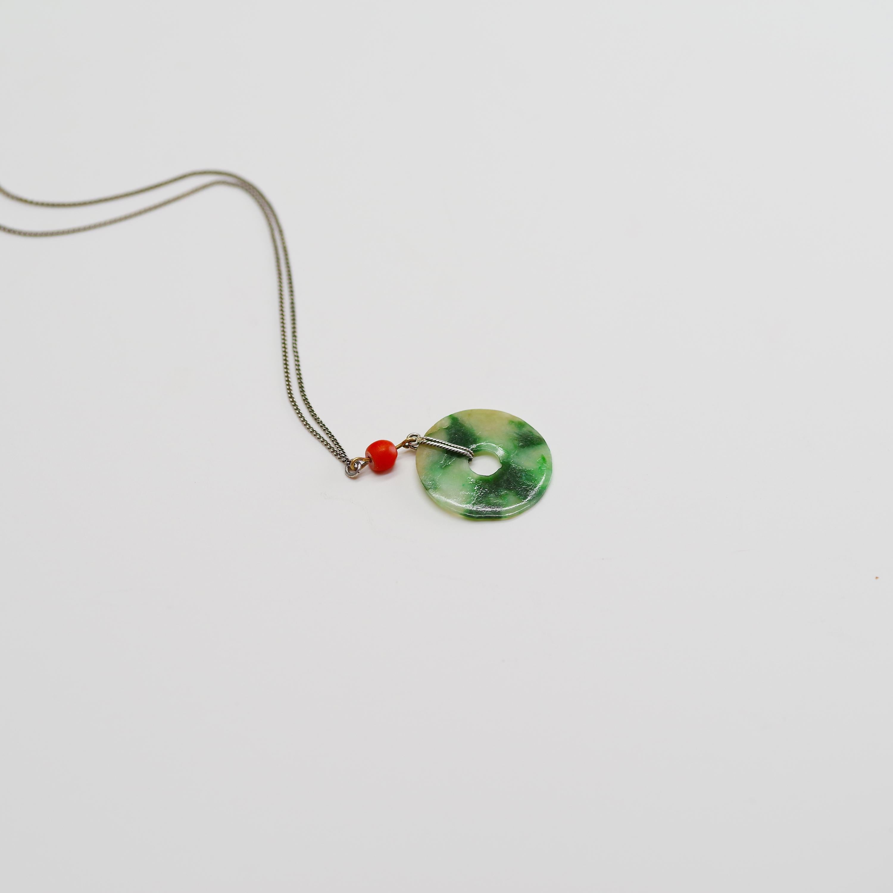 Artisan Antique Jade Bi Disk and Coral Pendant