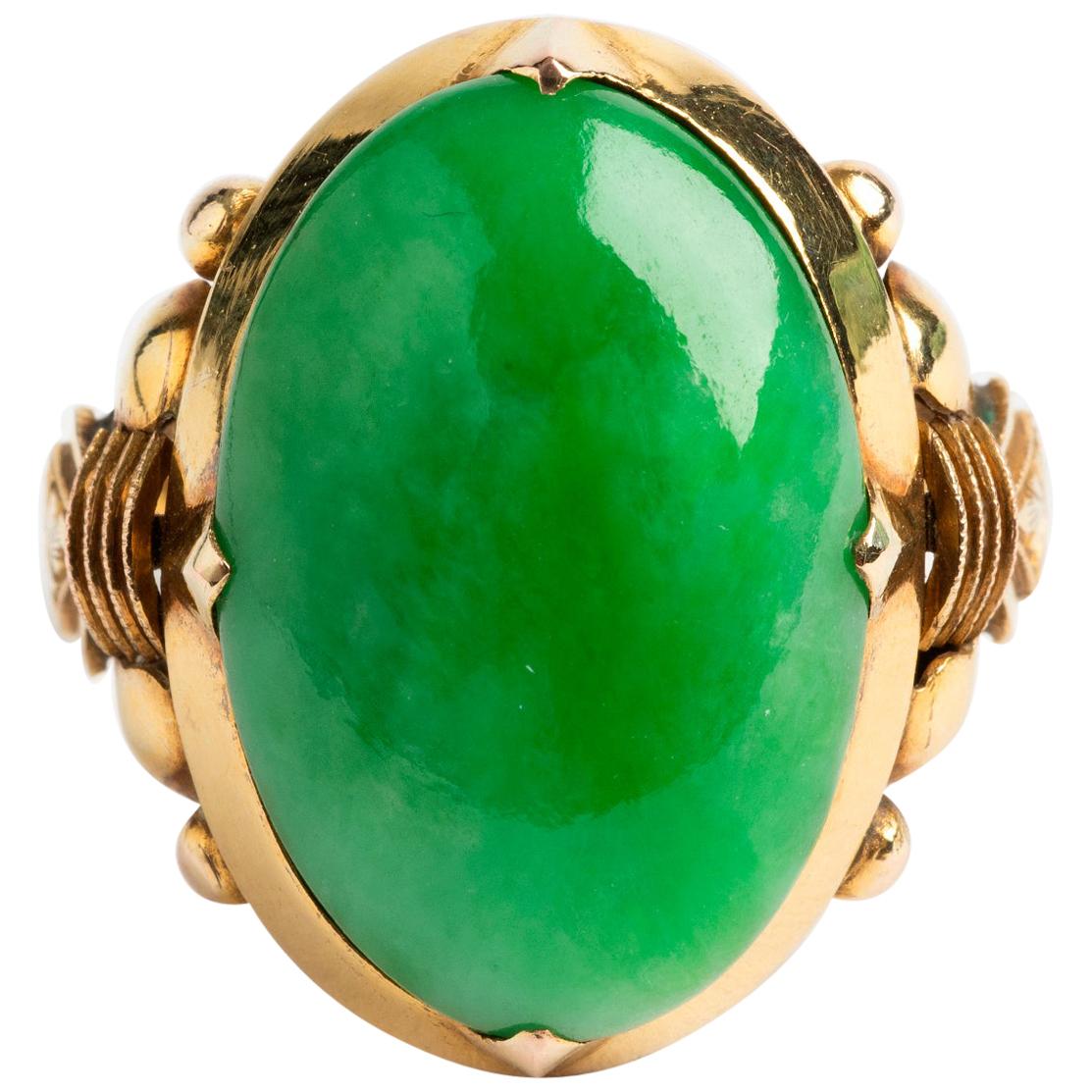 Antique Jade Cabochon Set Ring, 14 Karat Yellow Band, Wonderful Quality Stone