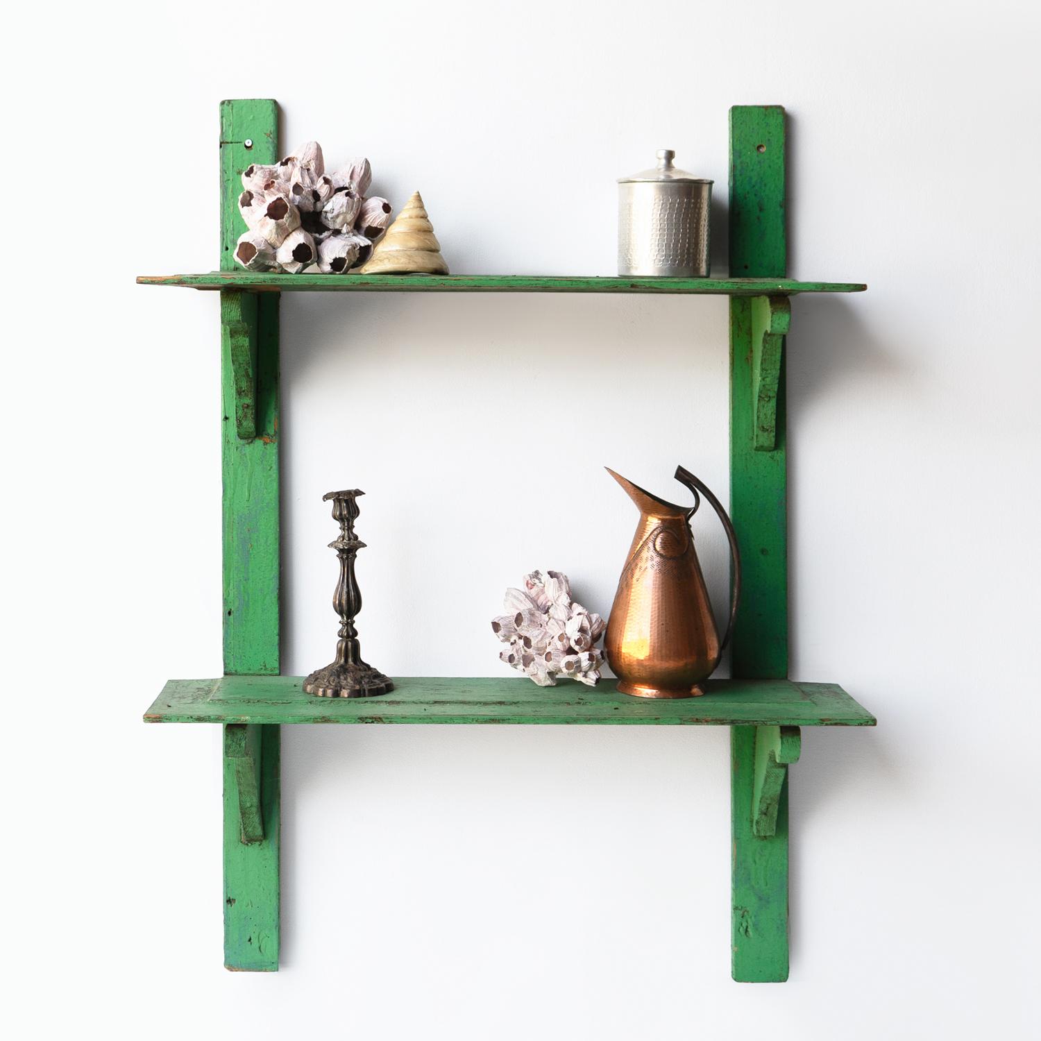 Rustic Antique Jade Green Painted Pine Wall Shelves, Early 20th Century