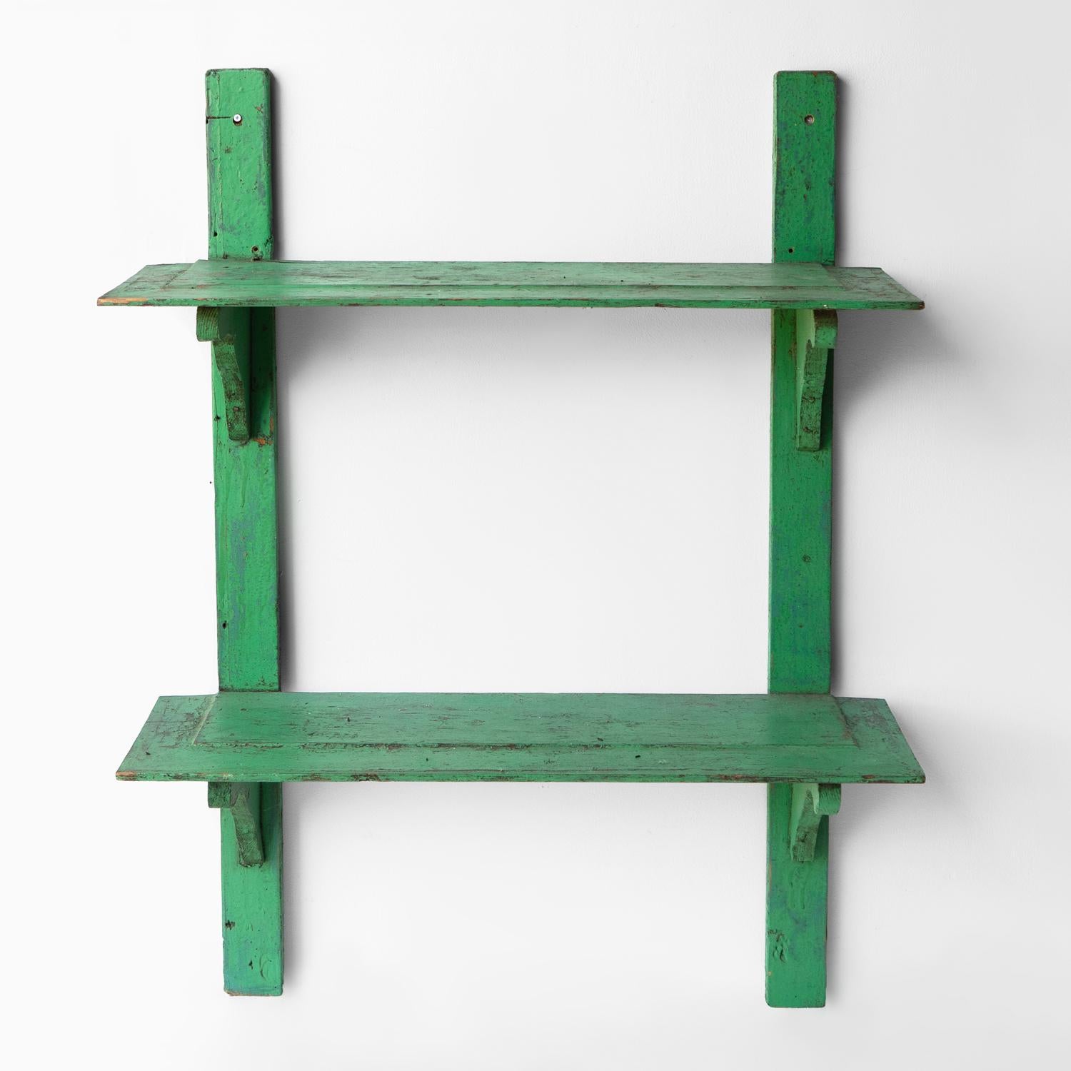 European Antique Jade Green Painted Pine Wall Shelves, Early 20th Century
