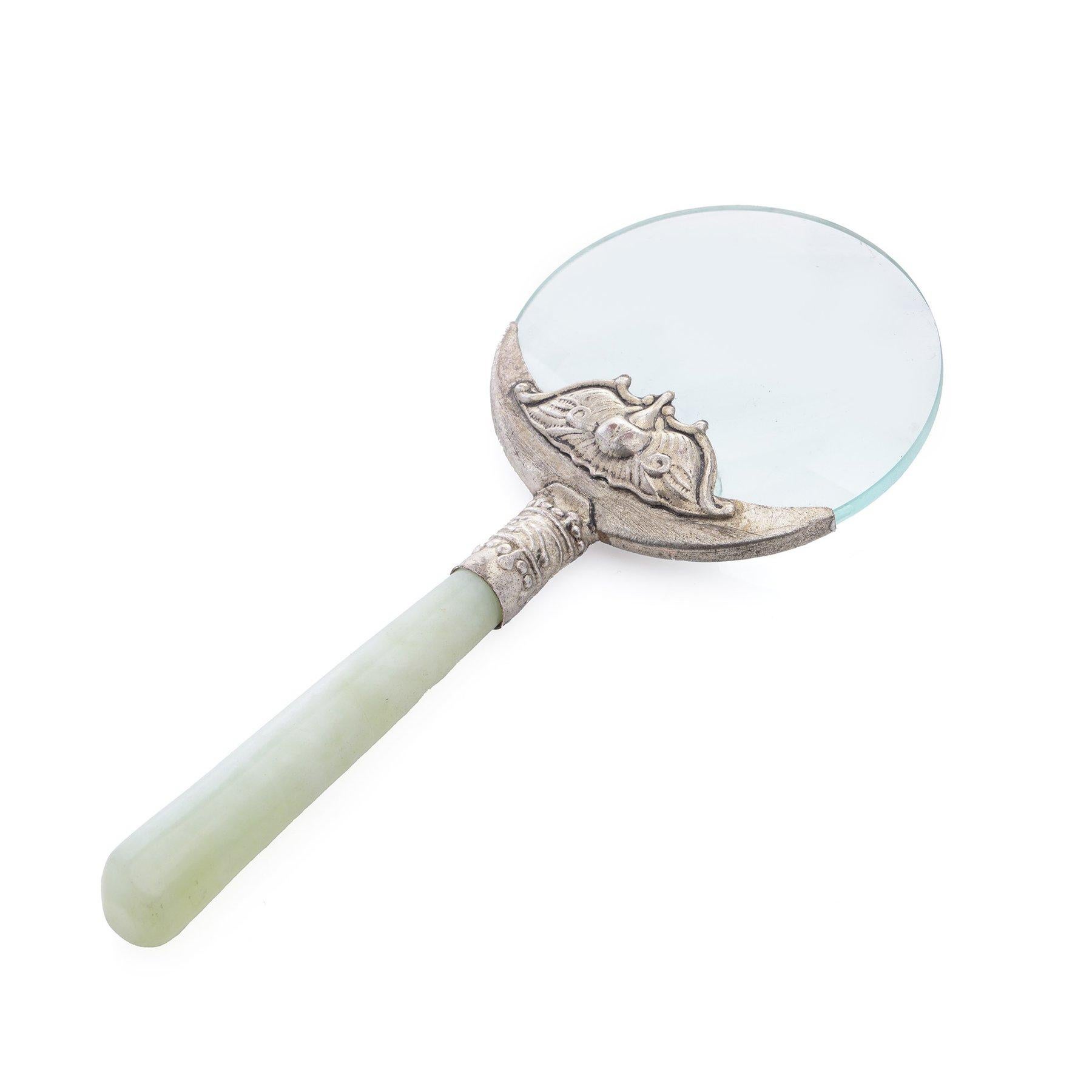 20th Century Antique Jade-Handled Magnifying Glass with Ornate Silver plated Detailing For Sale