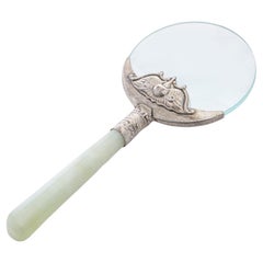 Antique Jade-Handled Magnifying Glass with Ornate Silver plated Detailing