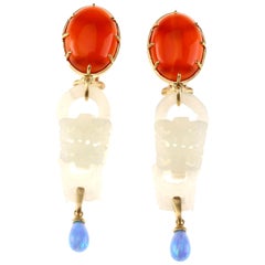 Antique Jade Opal 18 Karat Gold Earrings