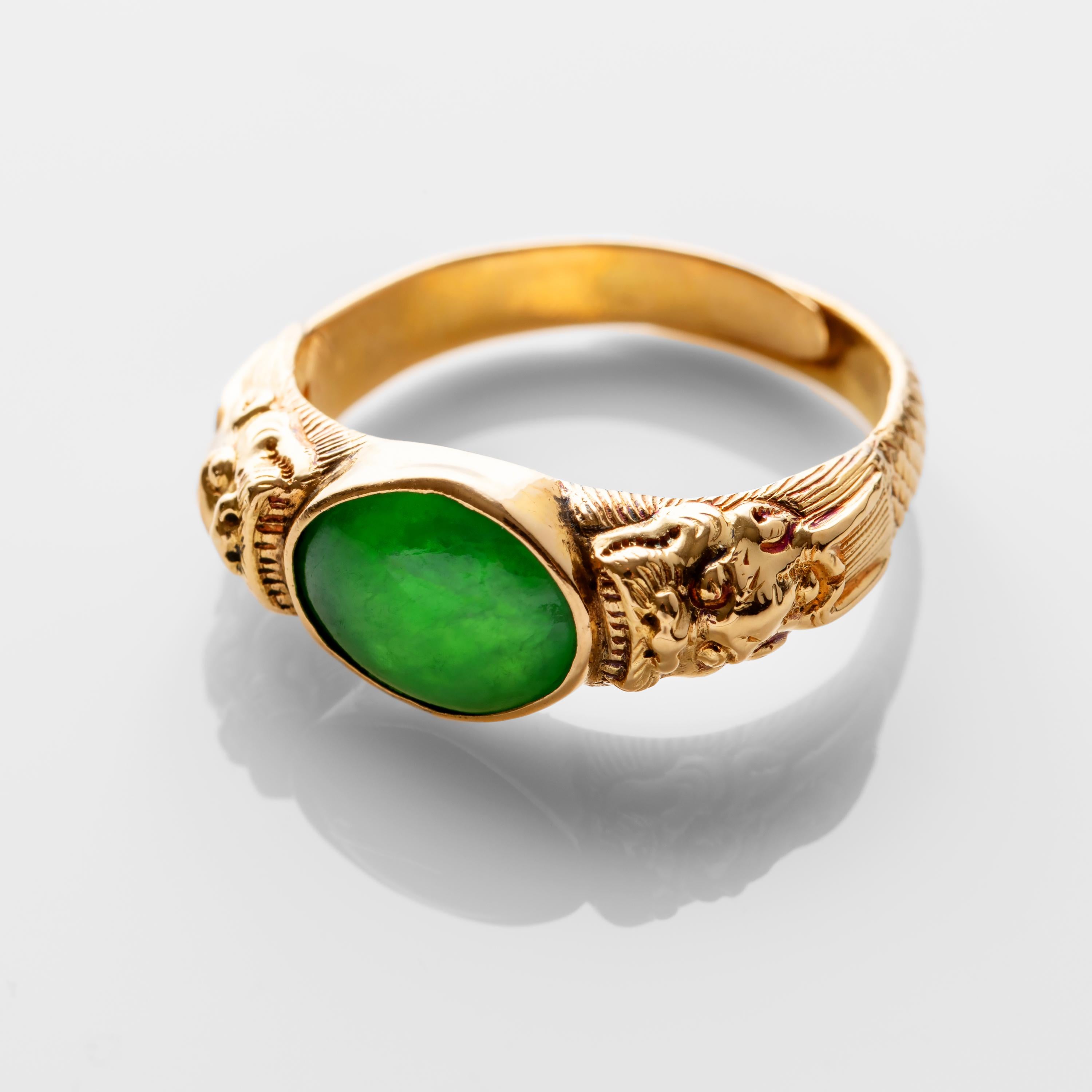 Art Deco Antique Jade Ring 20 Karat Gold Adjustable Band GIA Certified