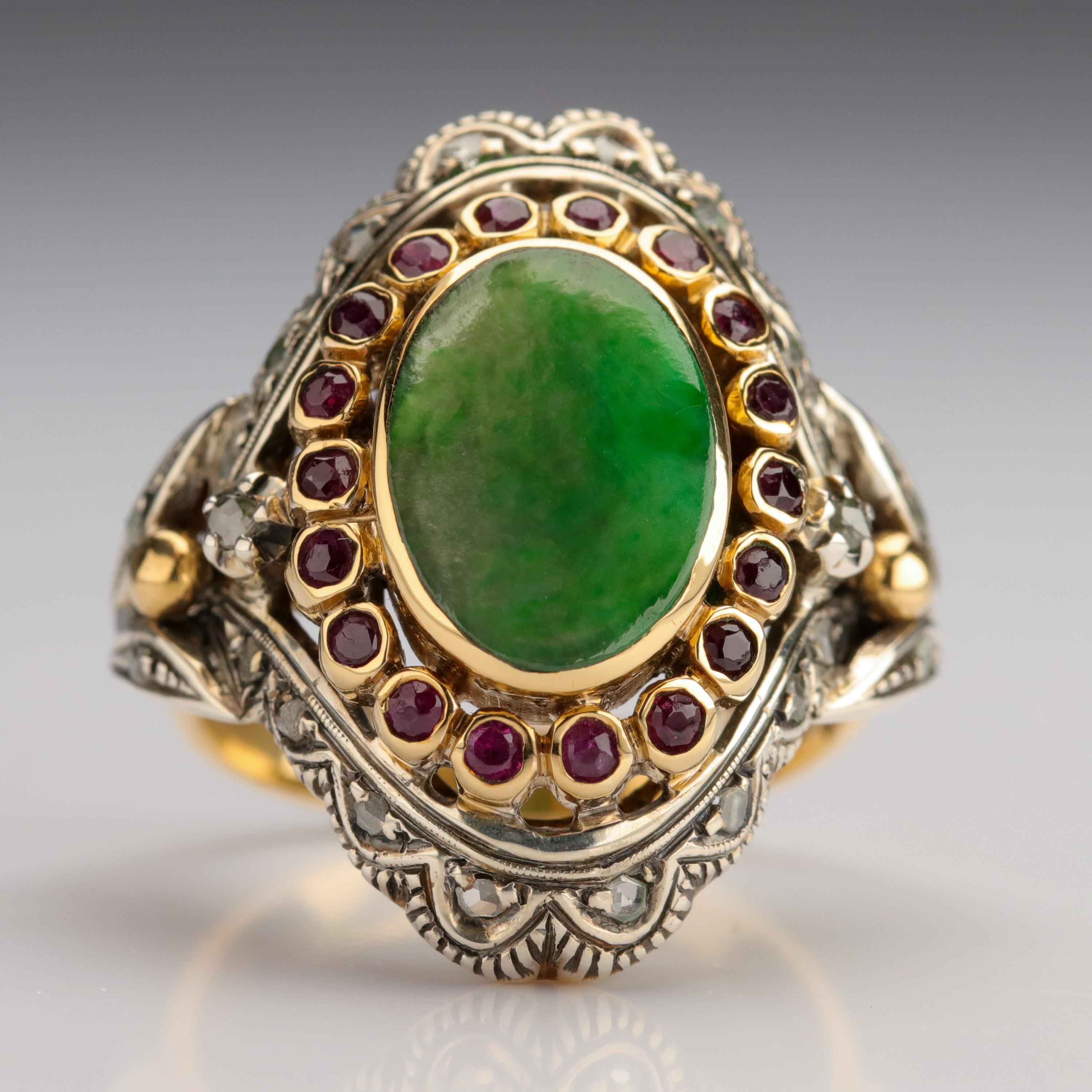 Antique Jade Ring with Rubies & Diamonds in Gold and Silver Eccentric and Ornate 2