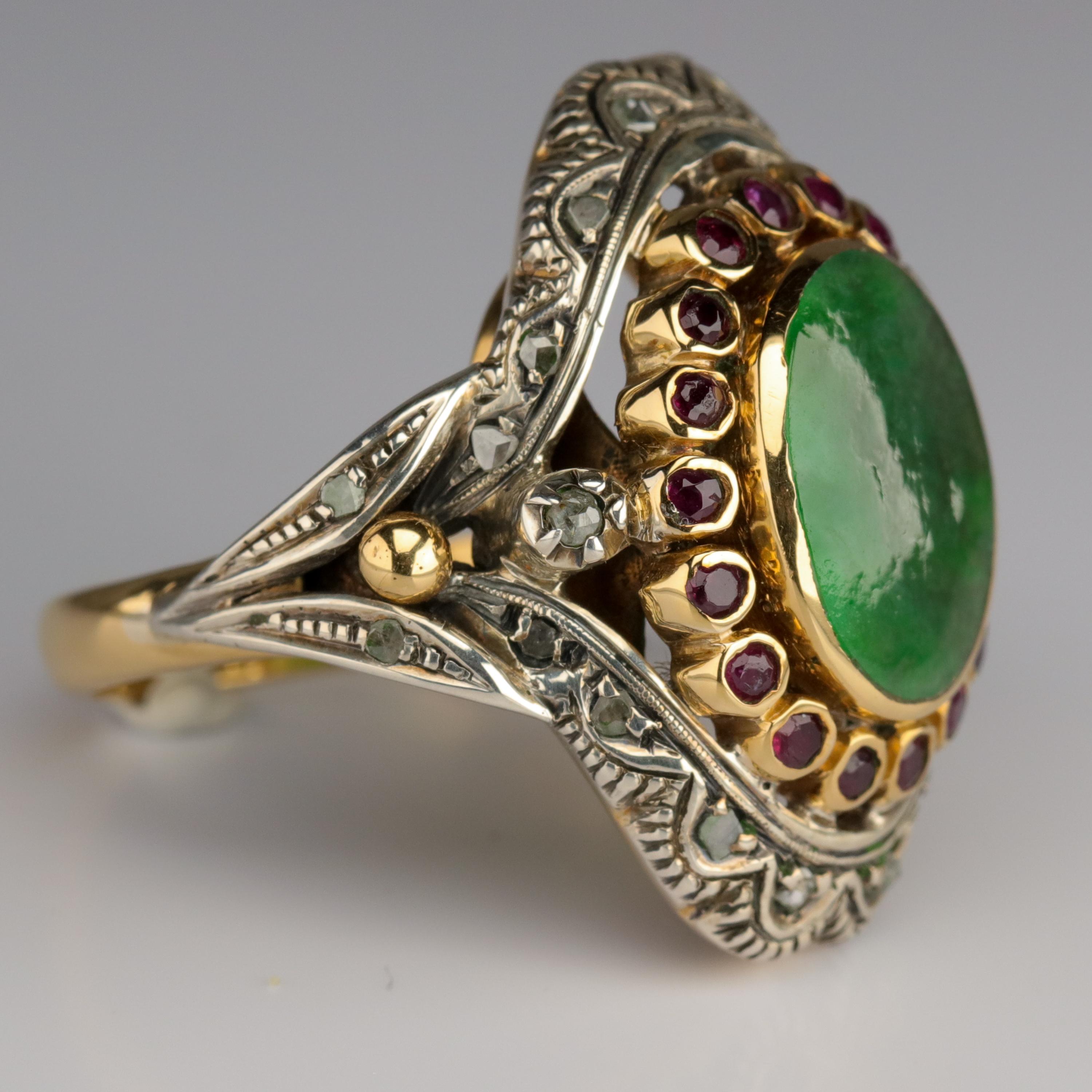 Antique Jade Ring with Rubies & Diamonds in Gold and Silver Eccentric and Ornate 4