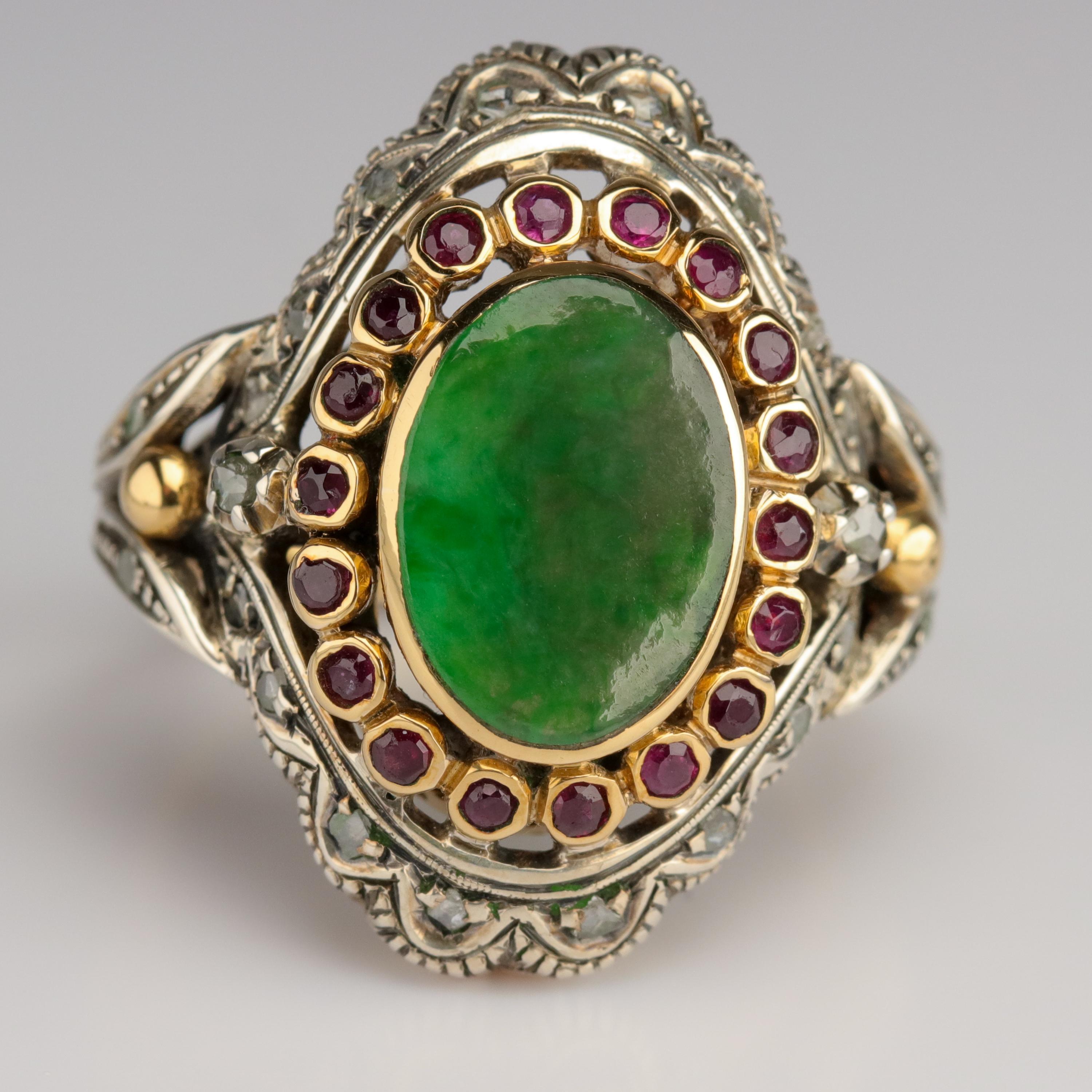 Antique Jade Ring with Rubies & Diamonds in Gold and Silver Eccentric and Ornate 5