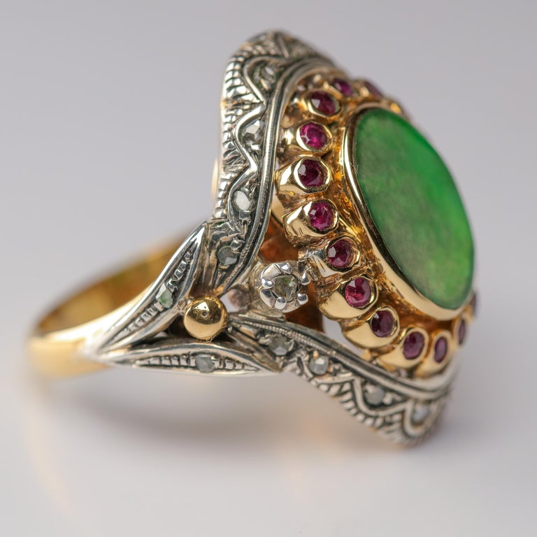 Antique Jade Ring with Rubies and Diamonds in Gold and Silver Eccentric