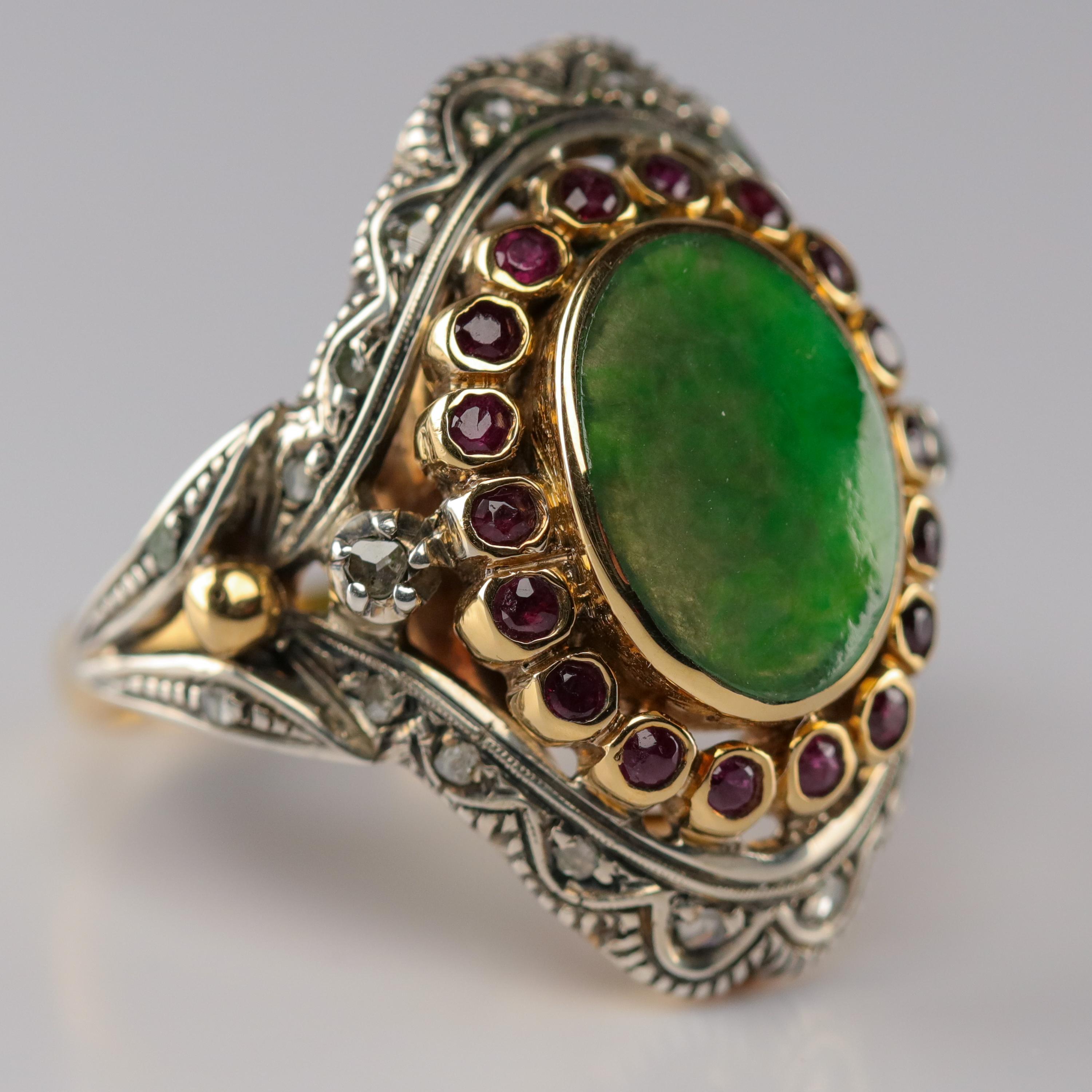 Victorian Antique Jade Ring with Rubies & Diamonds in Gold and Silver Eccentric and Ornate