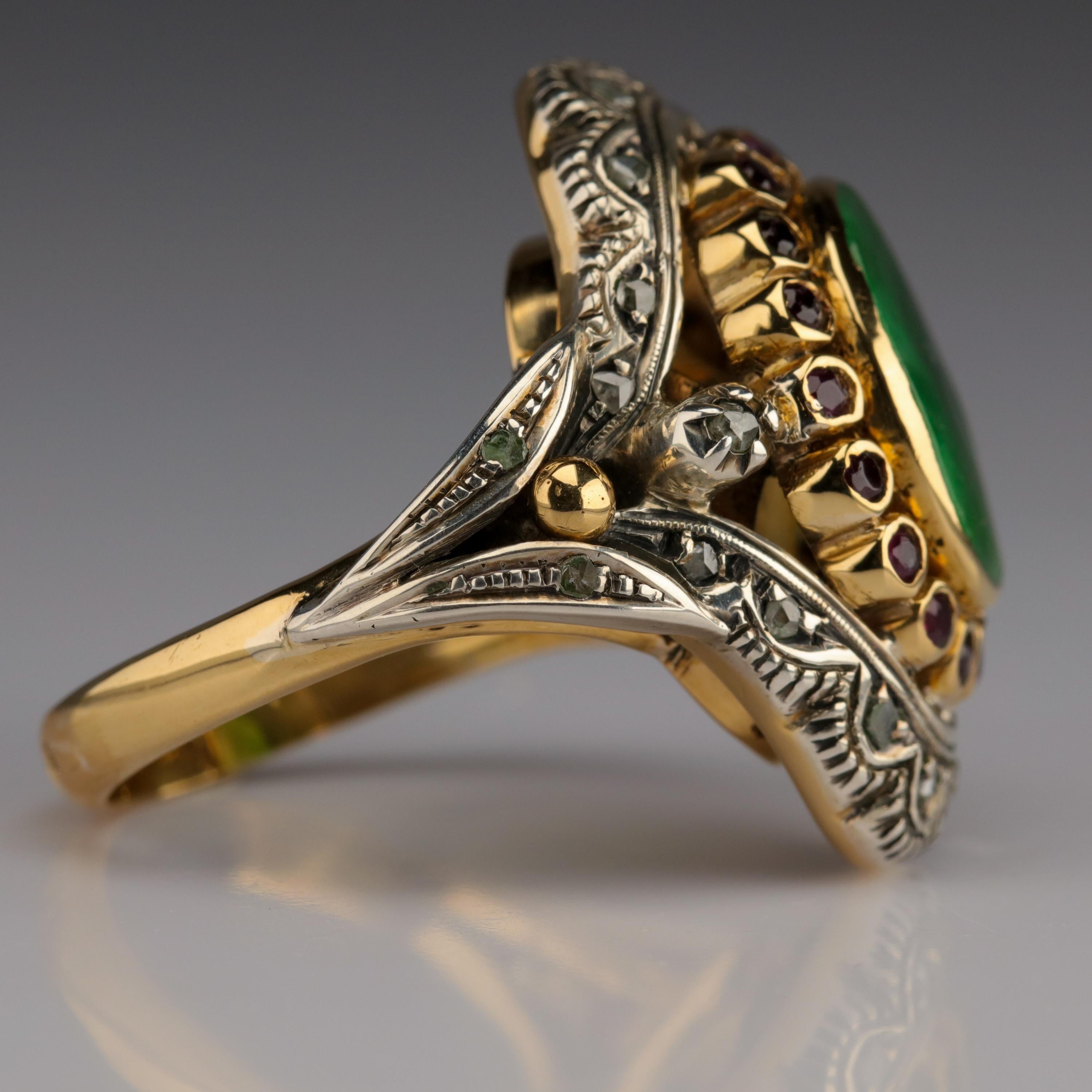 Women's or Men's Antique Jade Ring with Rubies & Diamonds in Gold and Silver Eccentric and Ornate