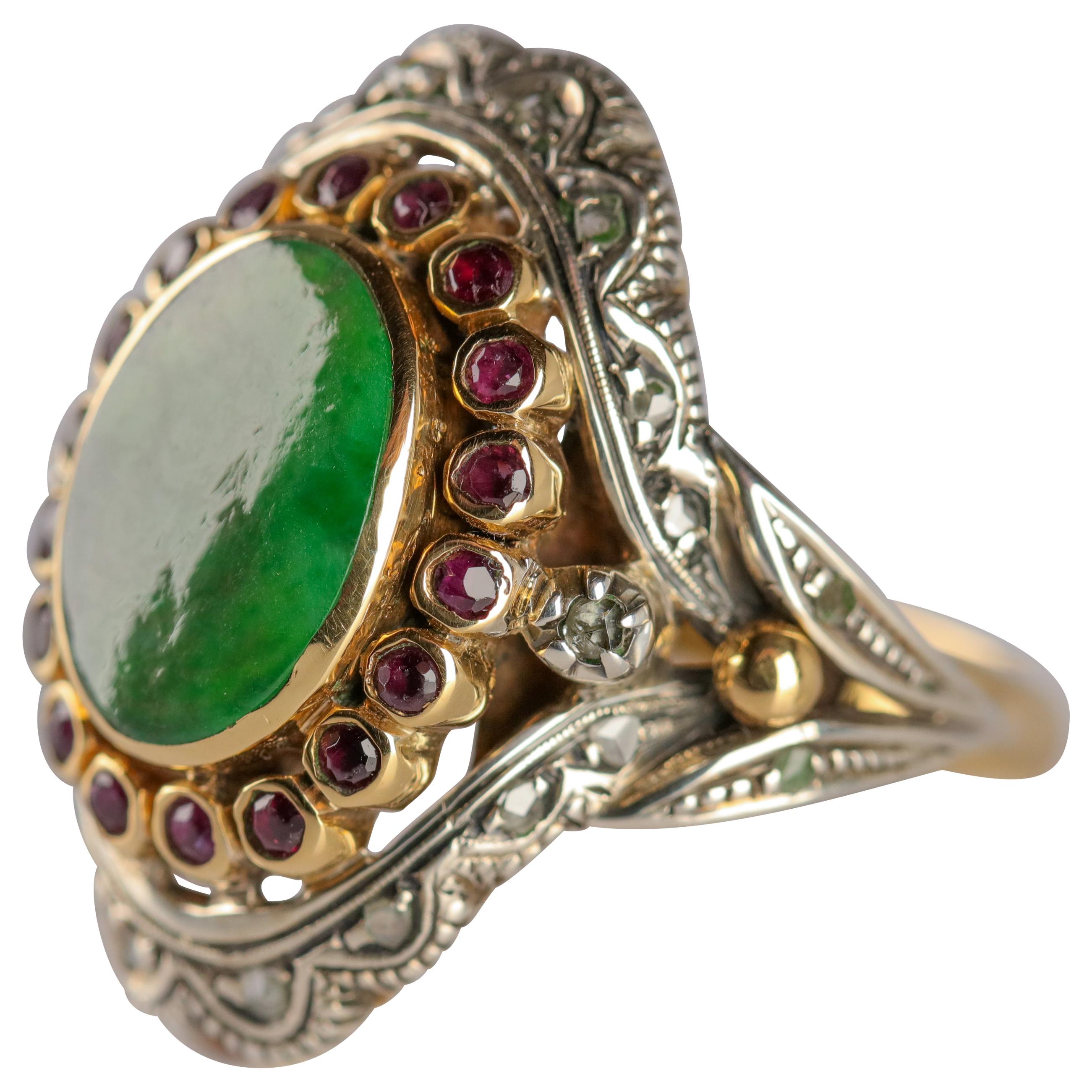 Antique Jade Ring with Rubies & Diamonds in Gold and Silver Eccentric and Ornate
