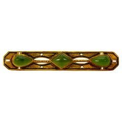 Antique Jade Yellow Gold Bar Pin Brooch with Enamel Accents
