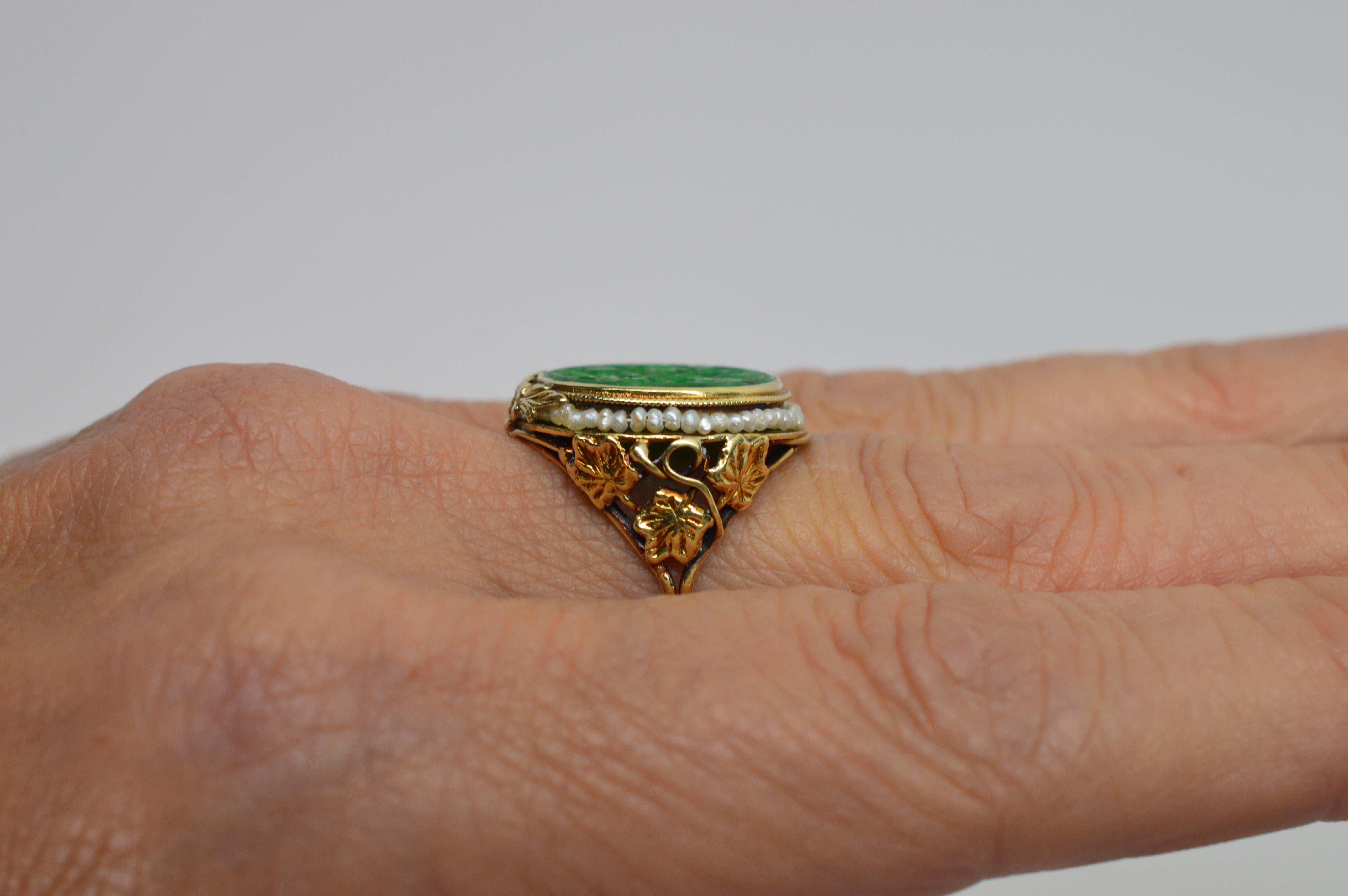 Antique Jade Yellow Gold Ring with Pearl Accents 6