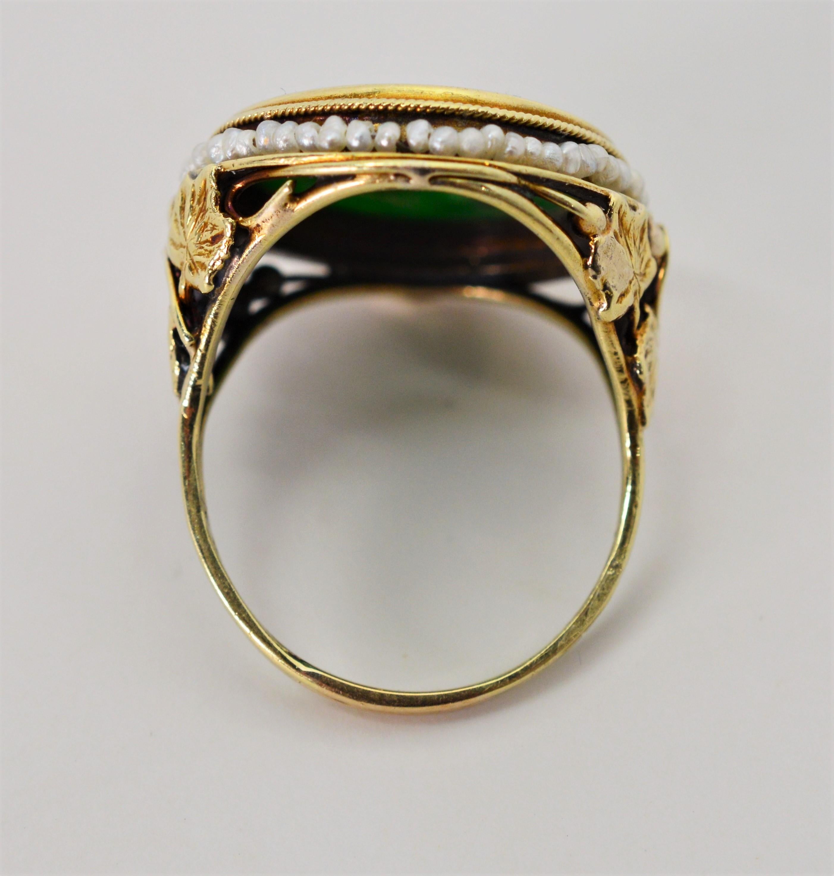 Antique Jade Yellow Gold Ring with Pearl Accents 8