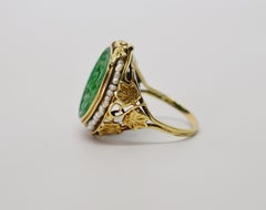 Antique Jade Yellow Gold Ring with Pearl Accents