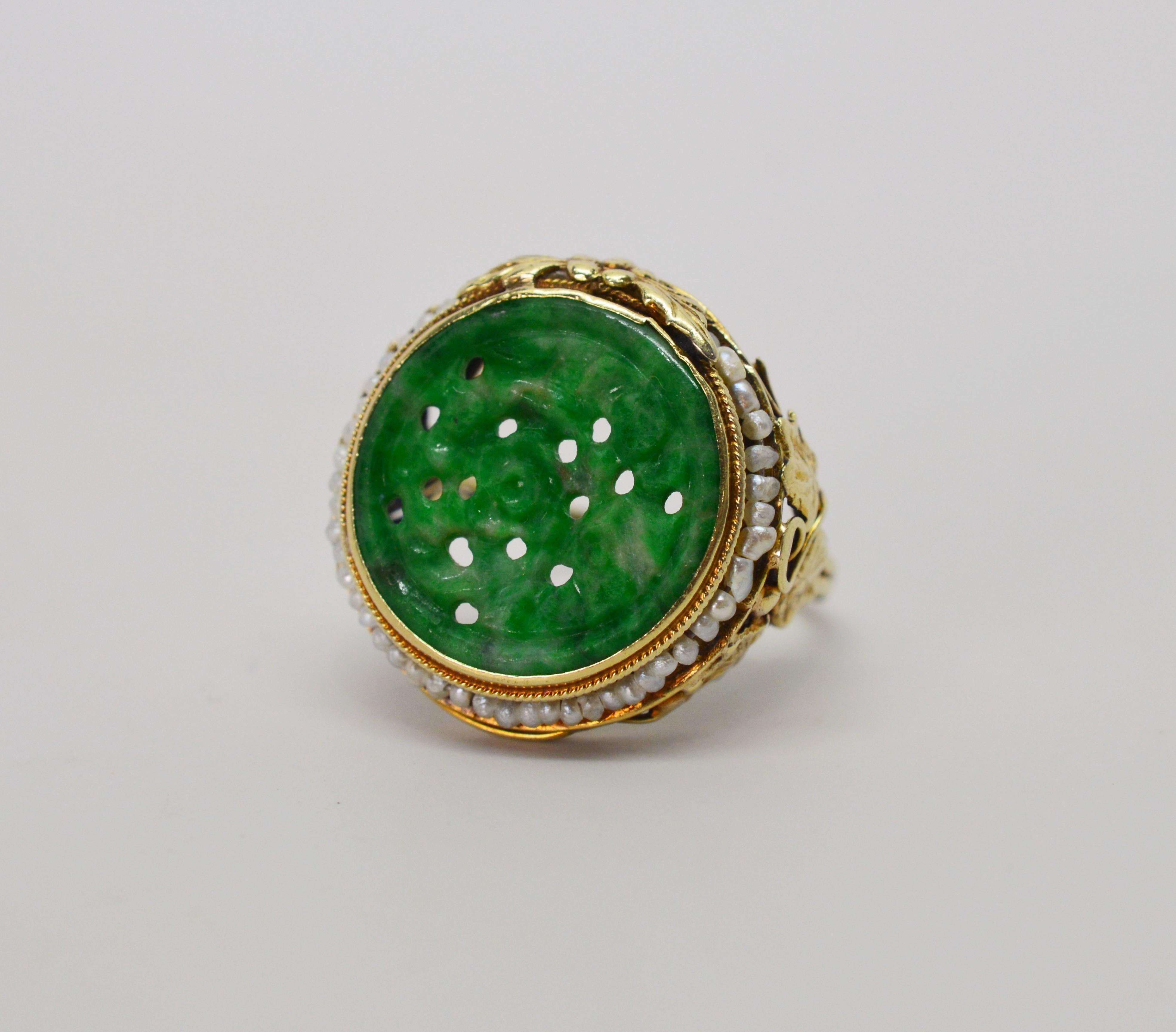 Women's Antique Jade Yellow Gold Ring with Pearl Accents