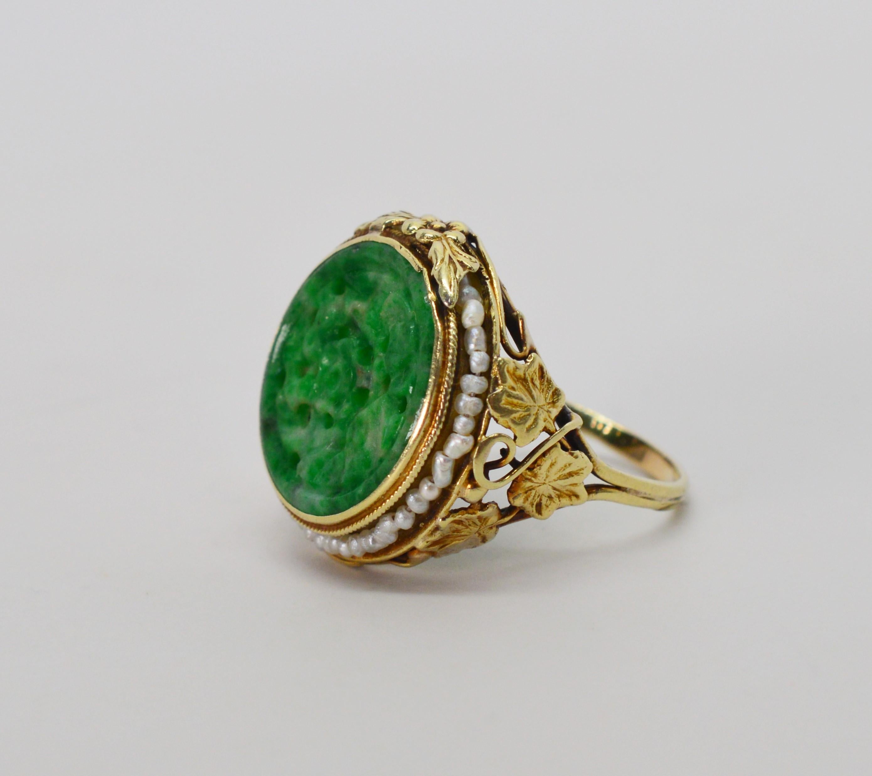 Antique Jade Yellow Gold Ring with Pearl Accents 1
