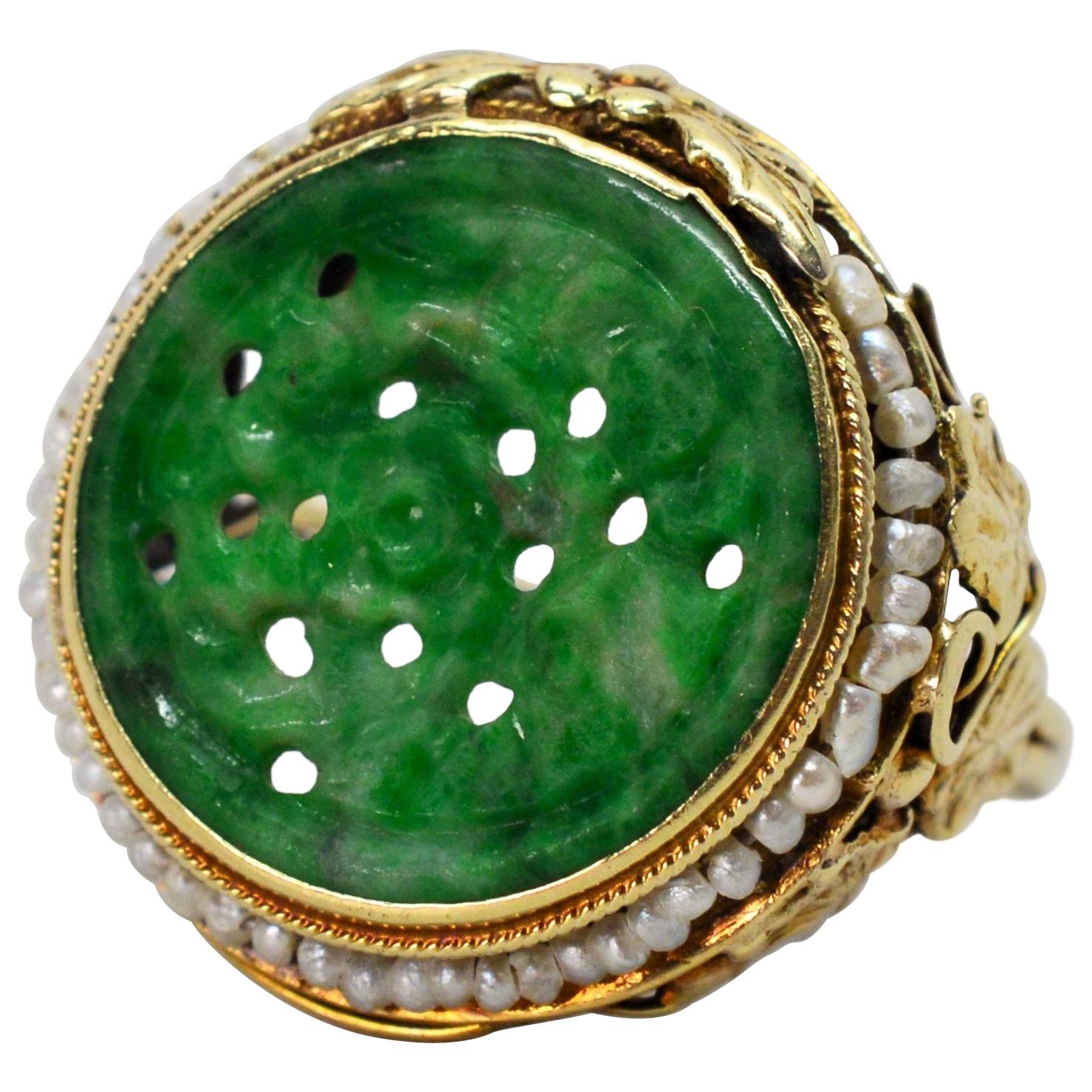 Antique Jade Yellow Gold Ring with Pearl Accents