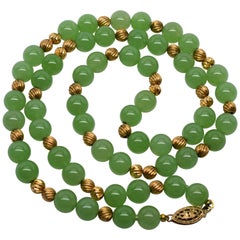 Antique Jadeite & 14 Karat Yellow Gold Beaded Necklace