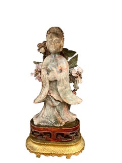 Antique Jadeite Figural Lamp with Flowers on Teakwood Base, Circa 1910-1920.